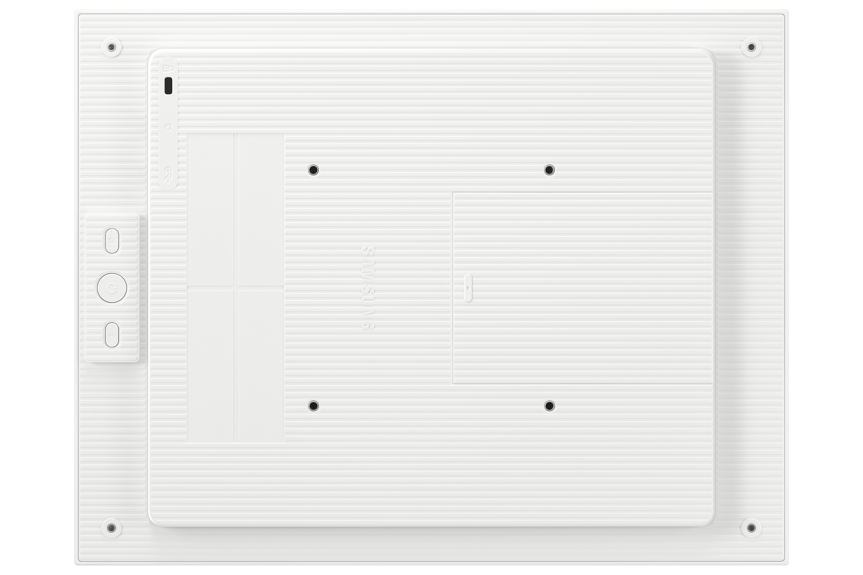 Retro bianco di un dispositivo con scanalature e porte.