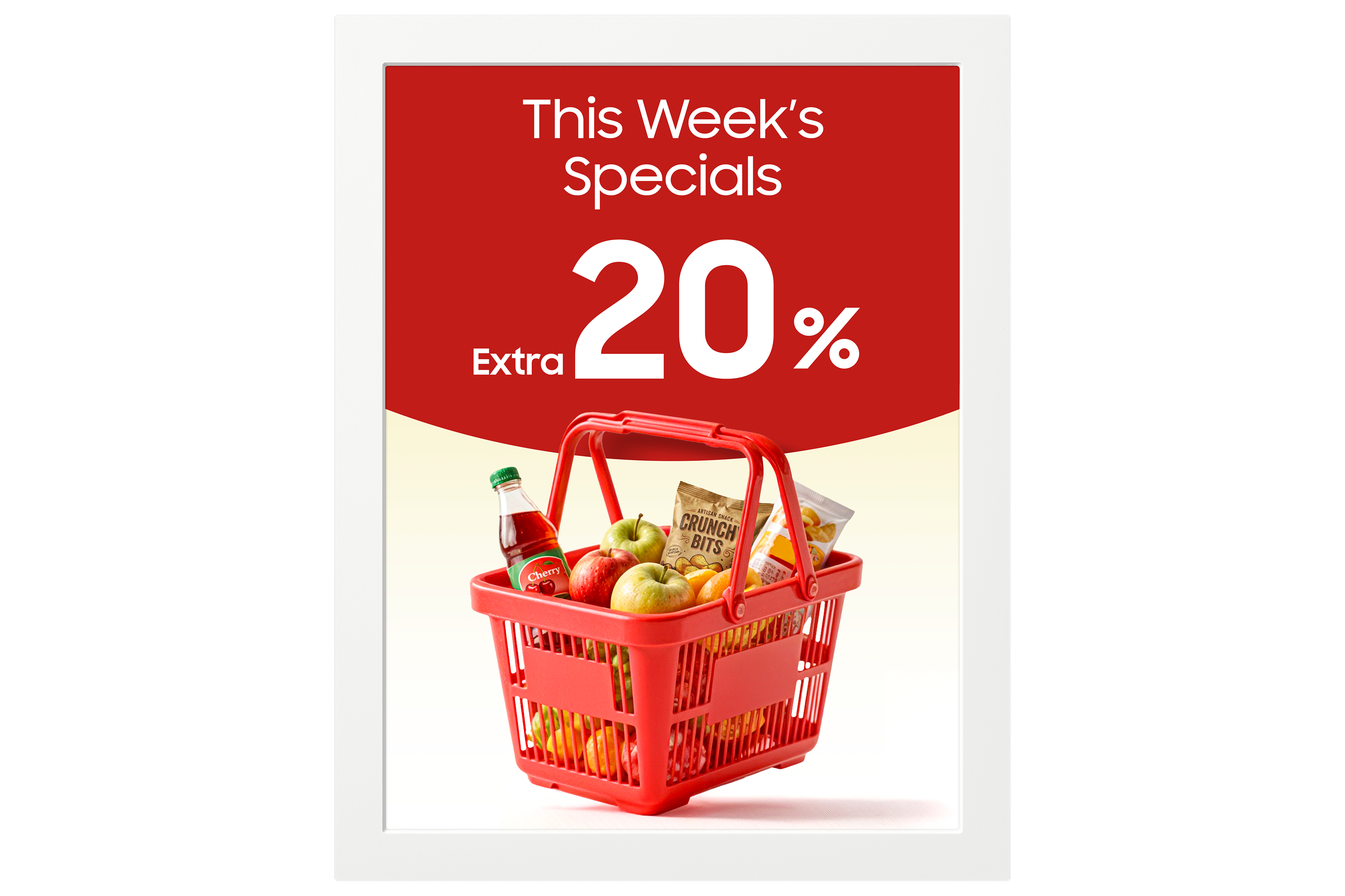 Un carrello rosso pieno di generi alimentari, che pubblicizza uno sconto del 20%.