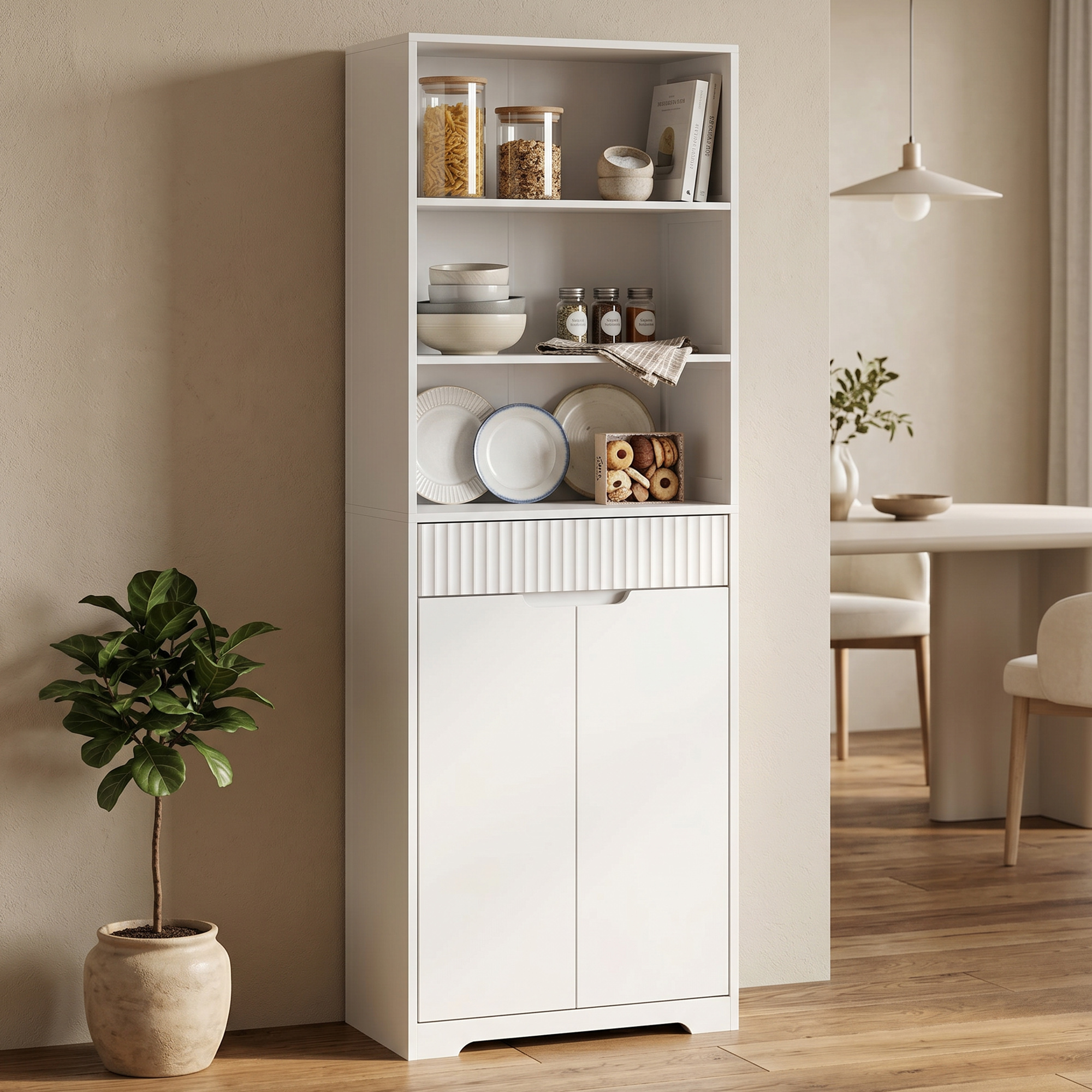 Un mobile bianco con mensole contenente piatti, cibo e decorazioni. Una pianta in vaso accanto.