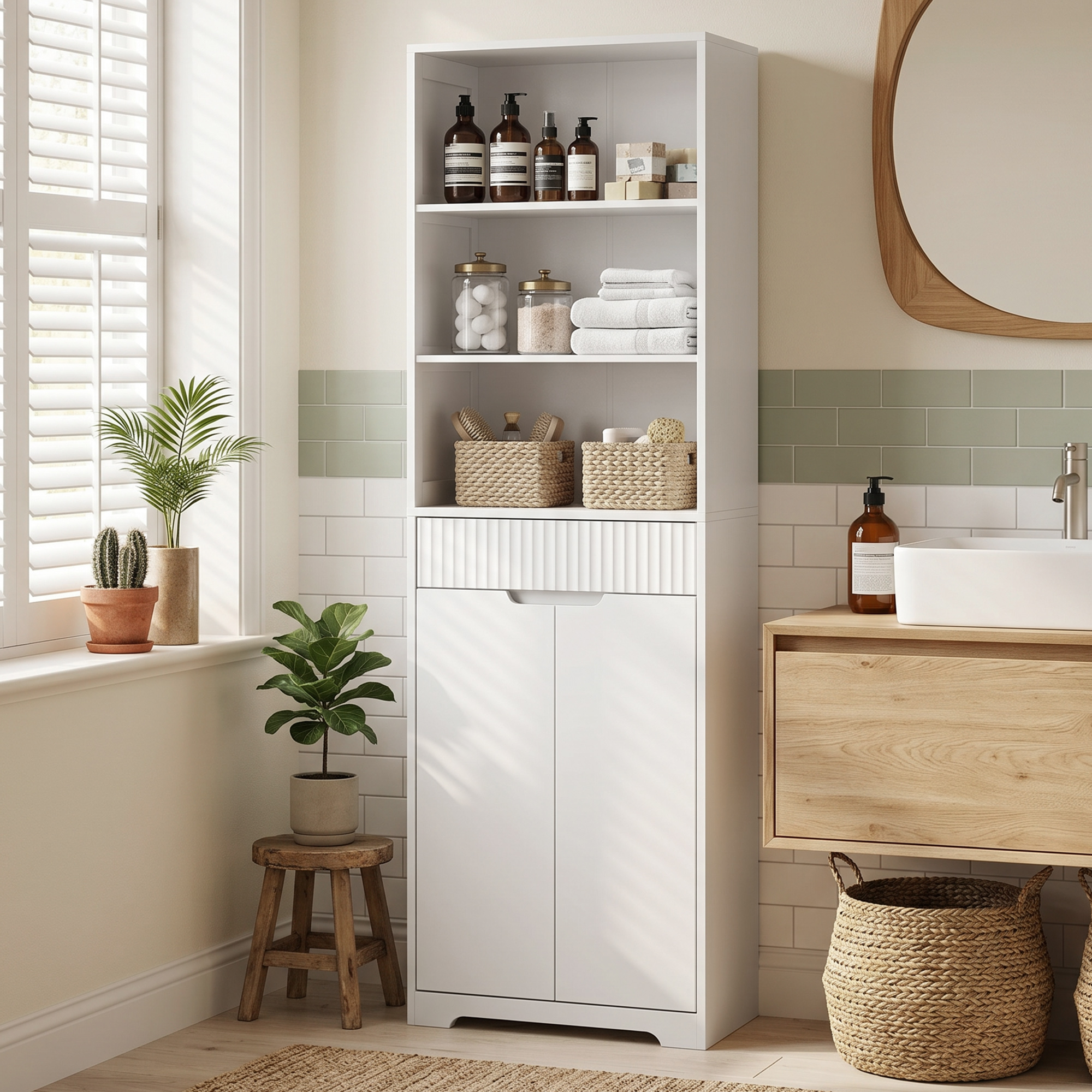 Un mobiletto da bagno bianco con ripiani contenenti saponi e asciugamani.
