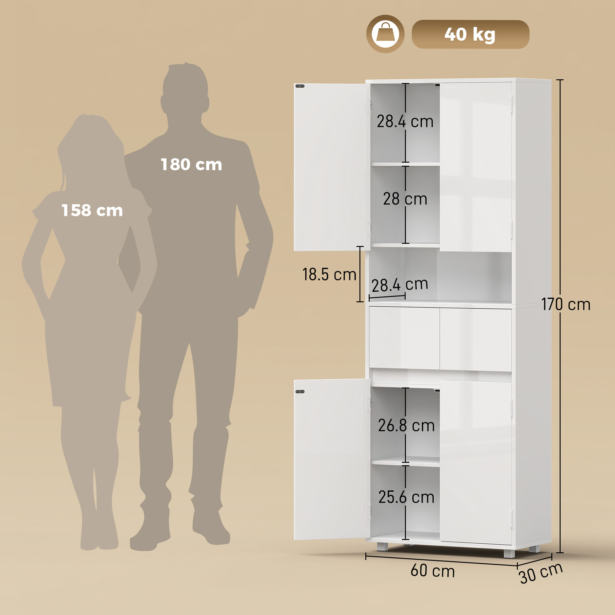 Un armadio bianco, alto 170cm, largo 60cm, profondo 30cm, con misure.