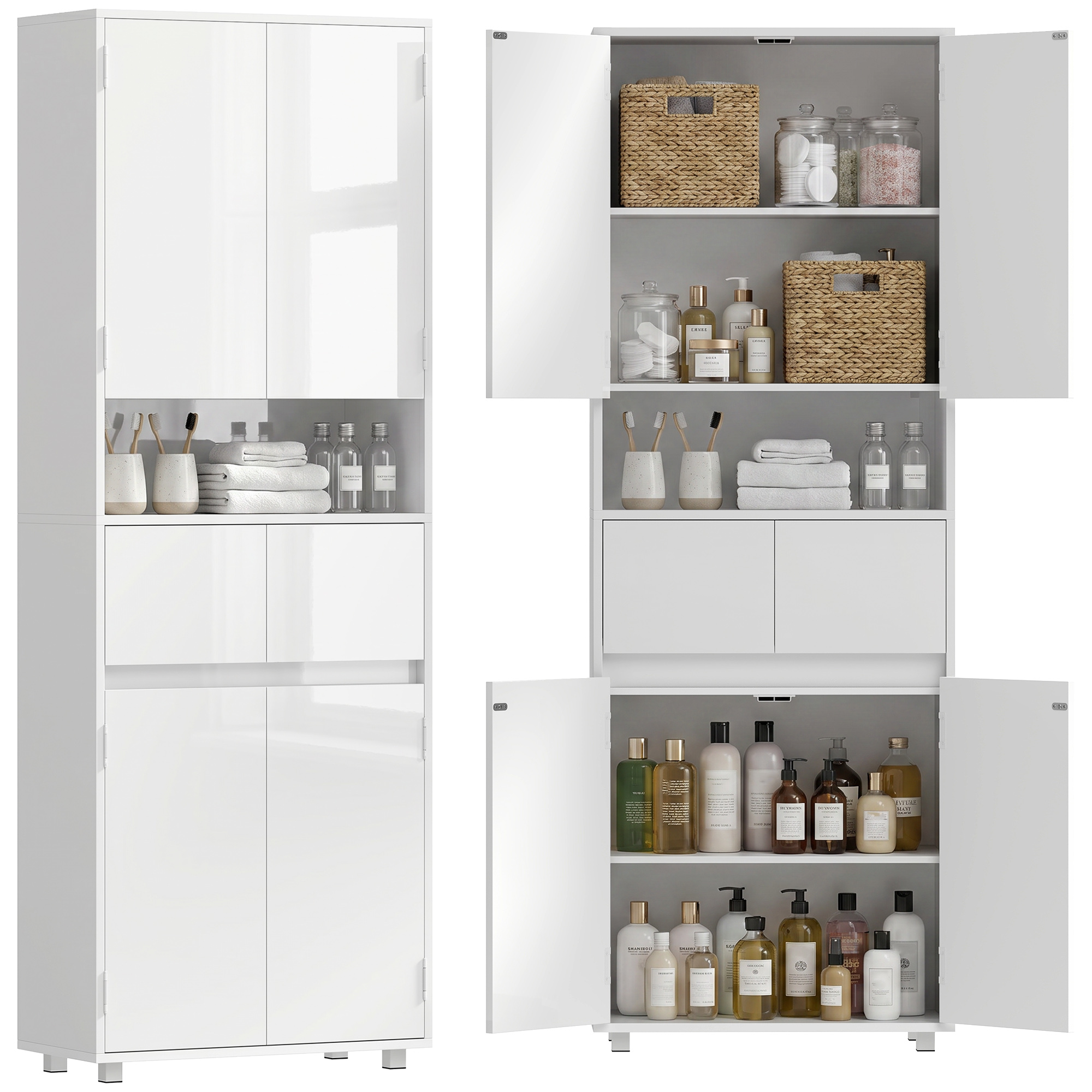 Un mobile bianco con ripiani aperti pieni di prodotti da bagno e cesti.