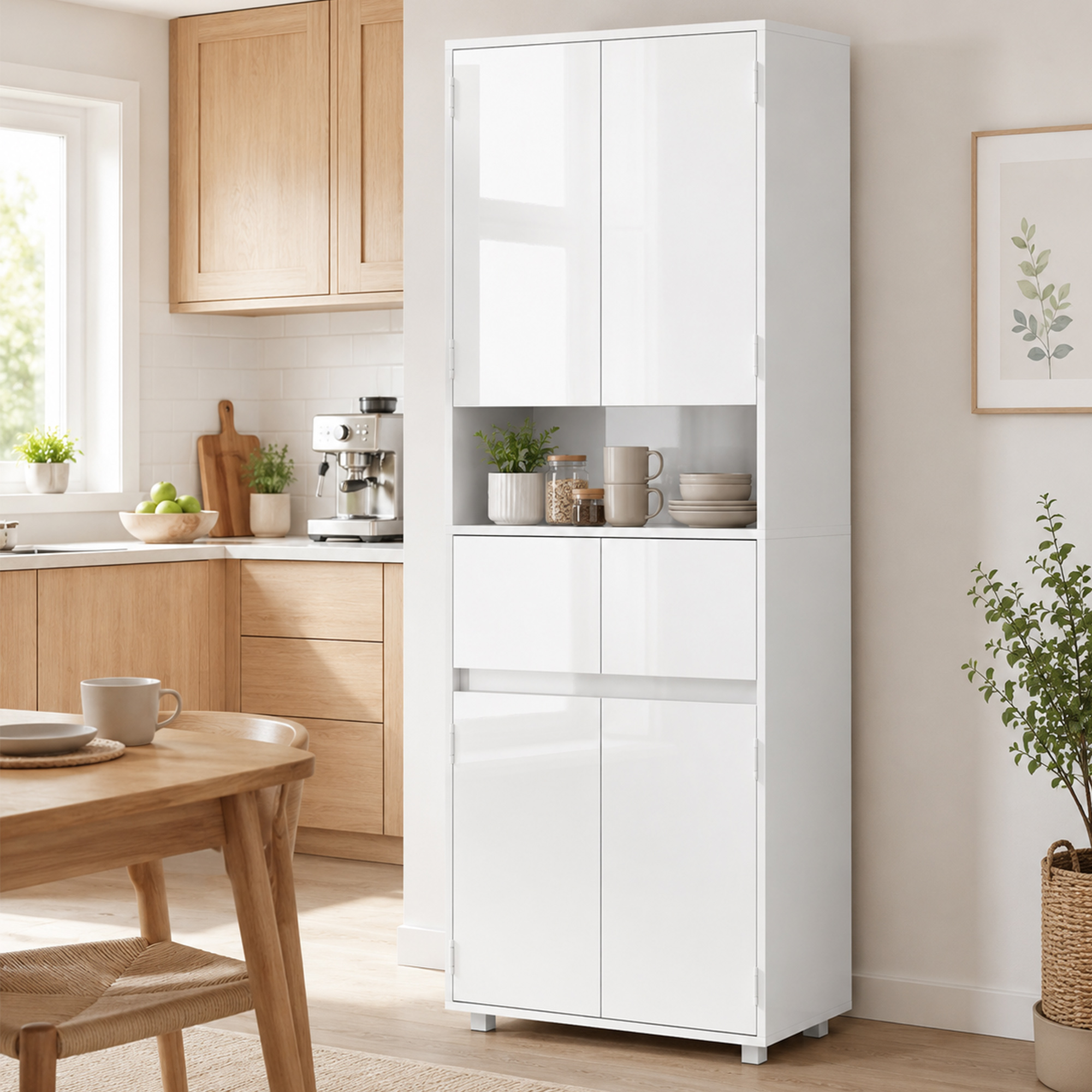 Un moderno armadio da cucina bianco con mobili in legno e macchina per caffè espresso.
