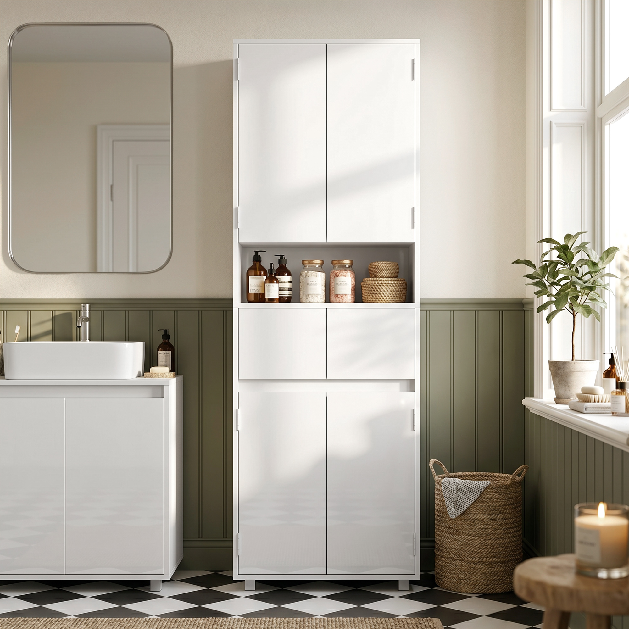 Bagno moderno bianco con lavabo, mobile alto, specchio, pianta e cesto.
