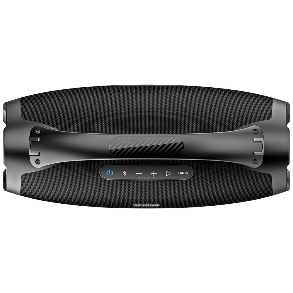 Taşıma saplı ve kontrol düğmeli siyah Bluetooth hoparlör.