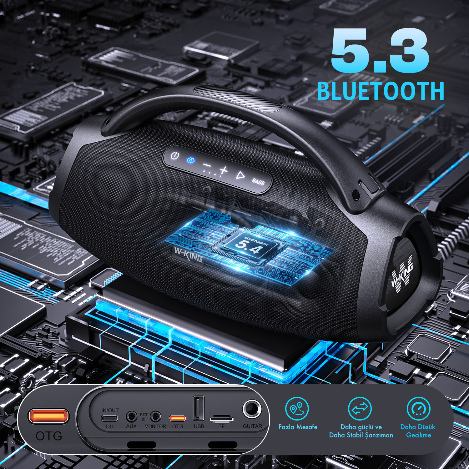 Koyu arka plan üzerinde bağlantı noktaları ve simgeleri olan siyah Bluetooth hoparlör.