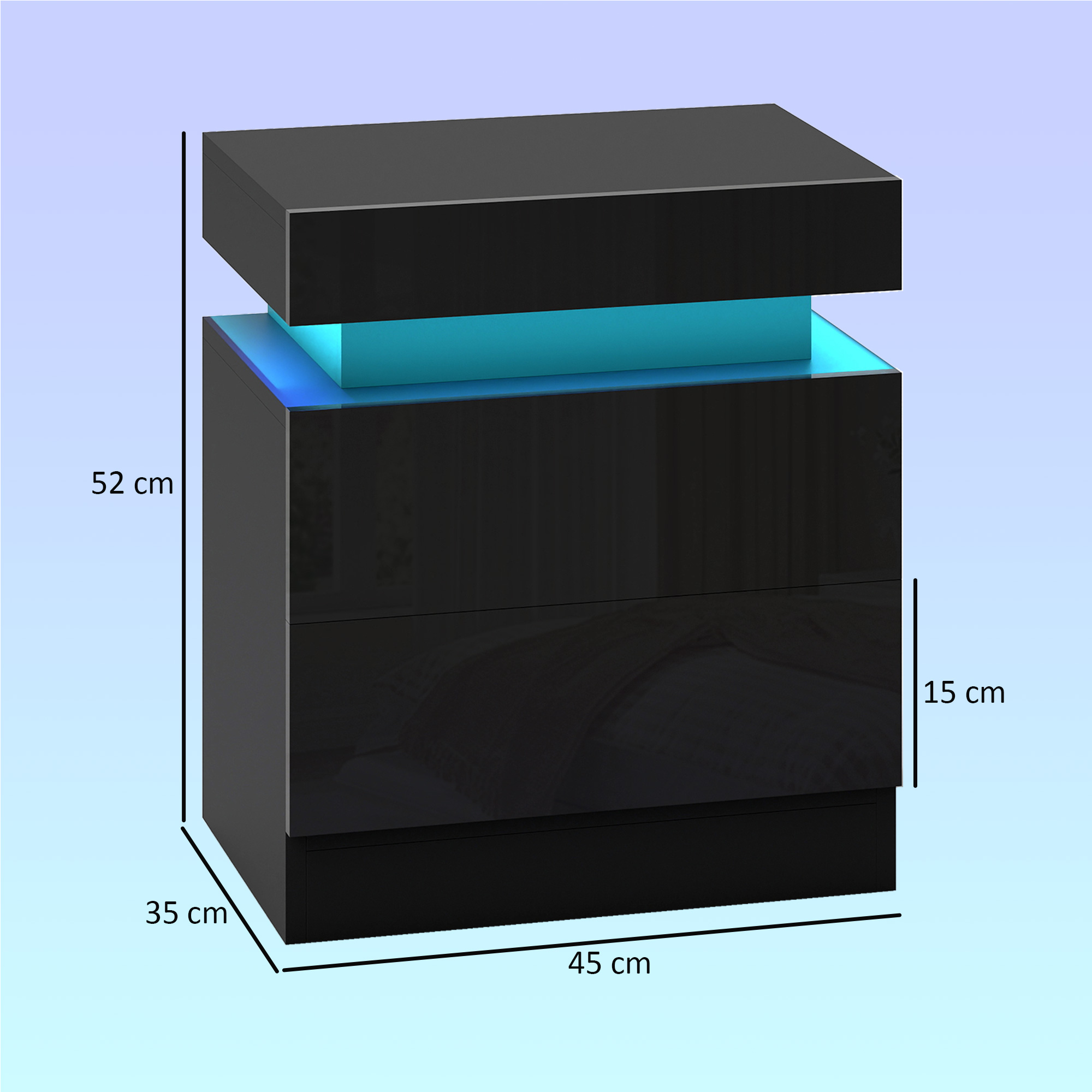 Comodino nero con 3 cassetti e illuminazione LED blu. Dimensioni: 52x45x35 cm.