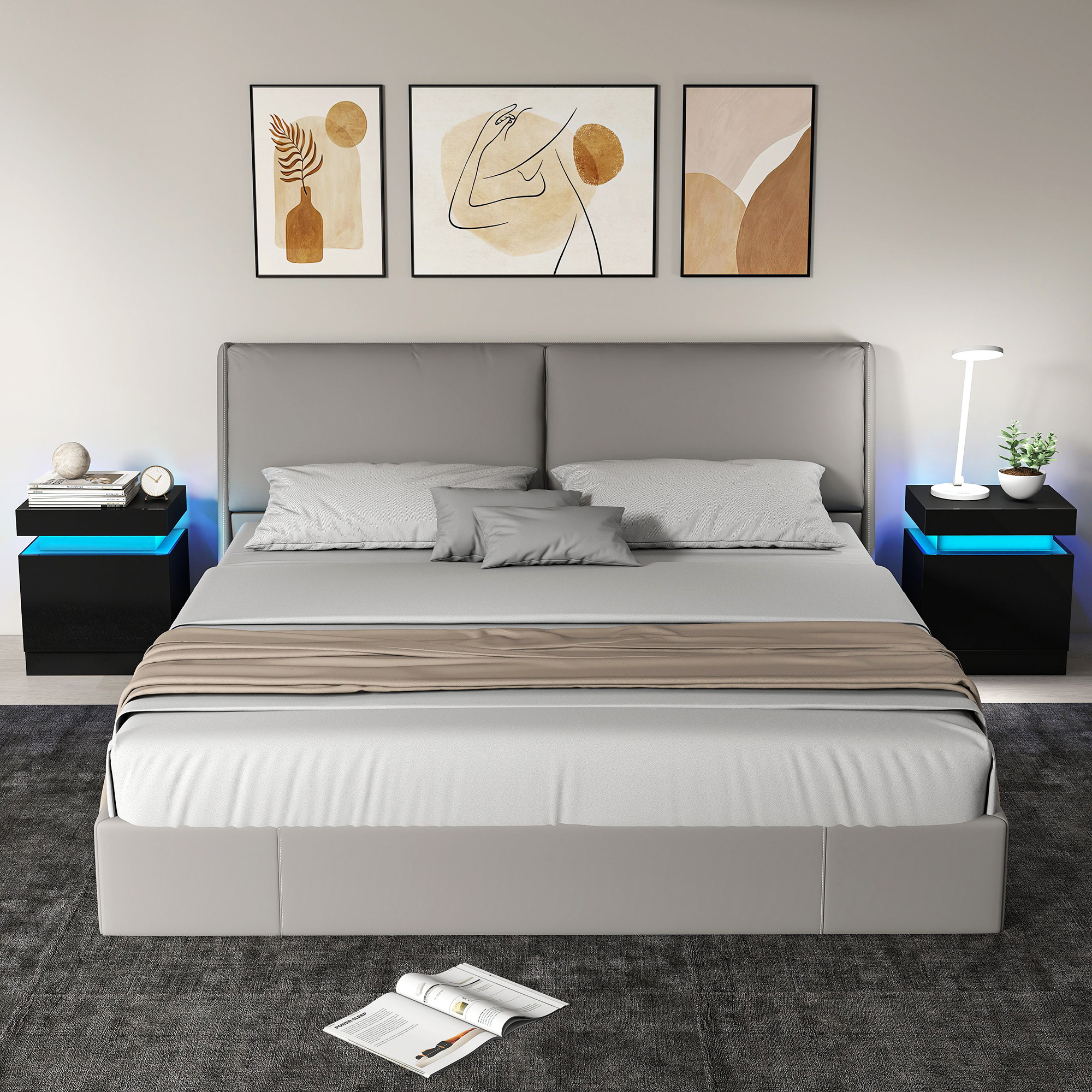 Una camera da letto moderna con letto grigio, comodini con illuminazione blu e tre quadri.