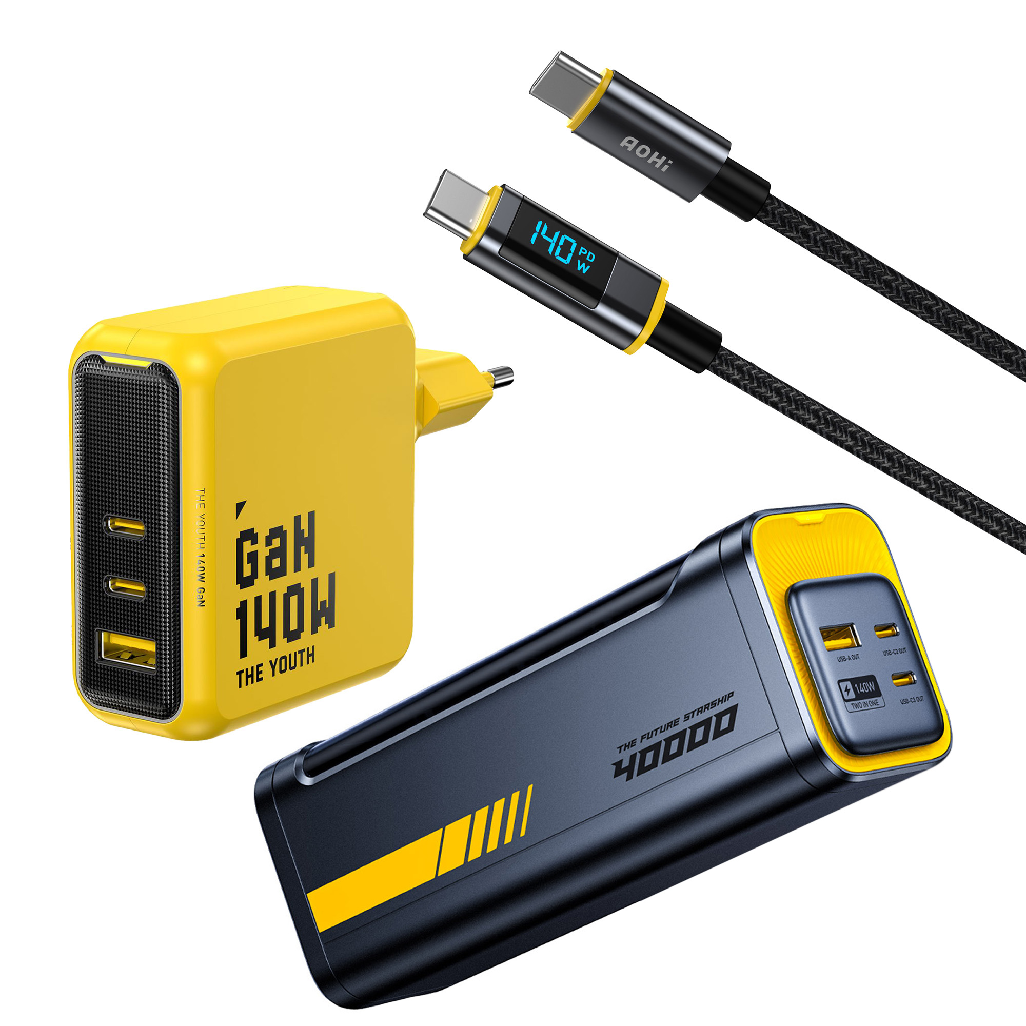 Sarı GaN şarj cihazı, siyah powerbank, iki siyah USB-C kablosu.