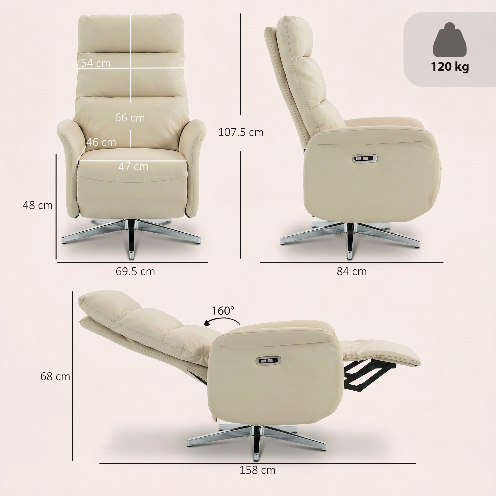 Una poltrona reclinabile color crema con dimensioni e capacità di 120 kg.