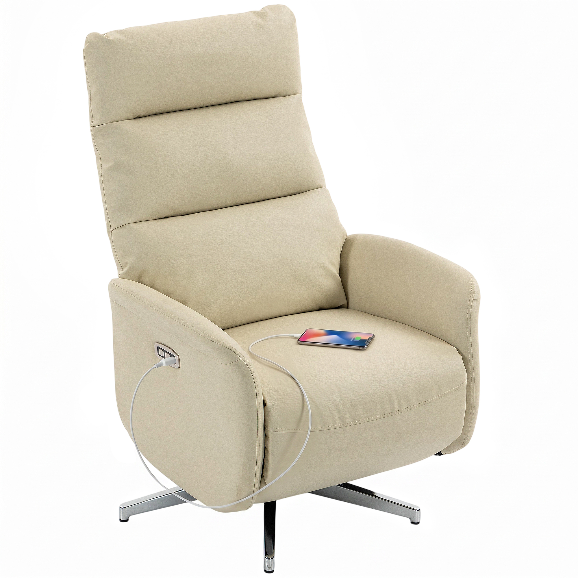 Una poltrona reclinabile in pelle beige con uno smartphone collegato in carica sul sedile.