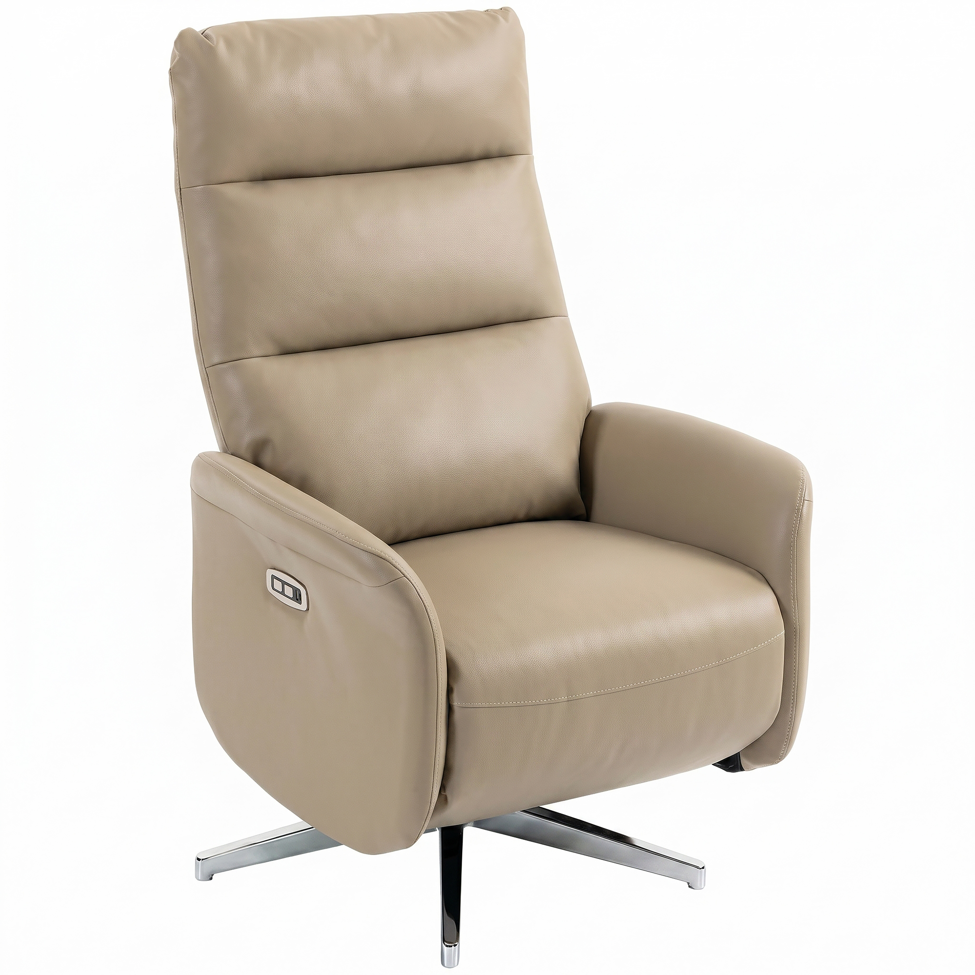 Una poltrona reclinabile in pelle beige con base cromata e schienale regolabile.