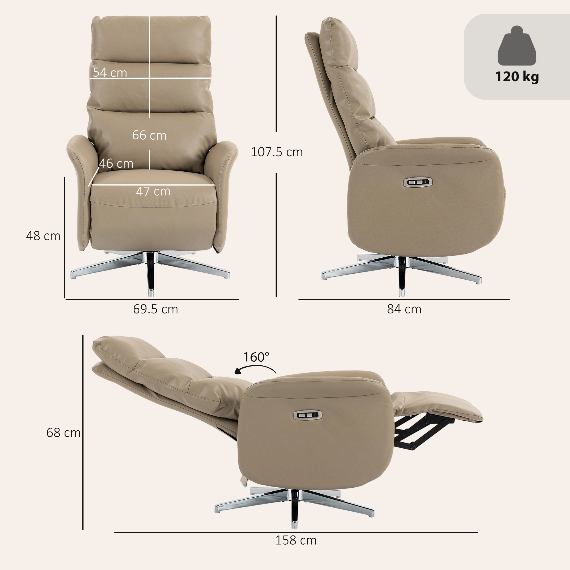Una poltrona reclinabile beige con dimensioni e limite di peso di 120 kg.