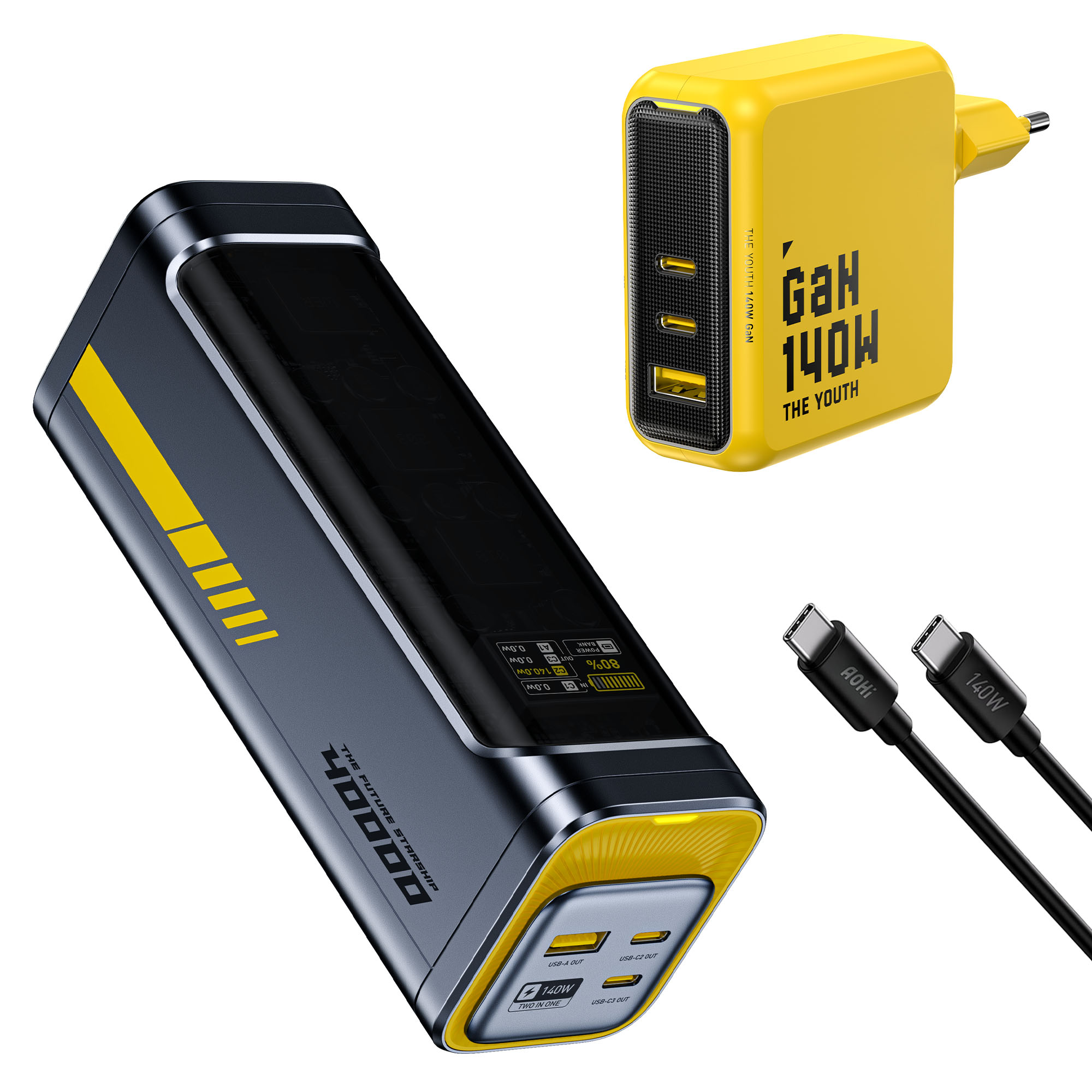 Sarı 140W GaN şarj cihazı ve kabloları olan gri 40000mAh powerbank.