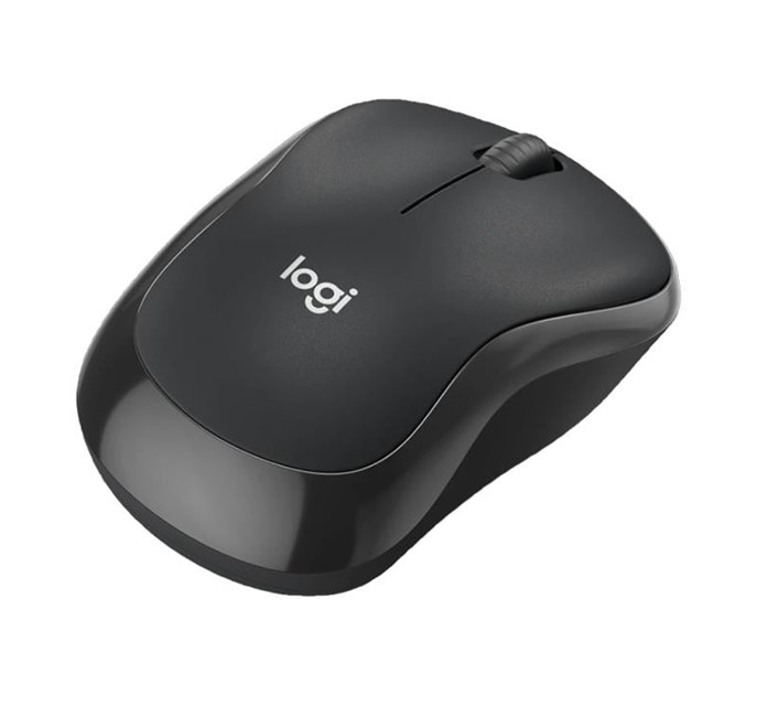 Kaydırma tekerlekli siyah Logitech fare beyaz zeminde duruyor.