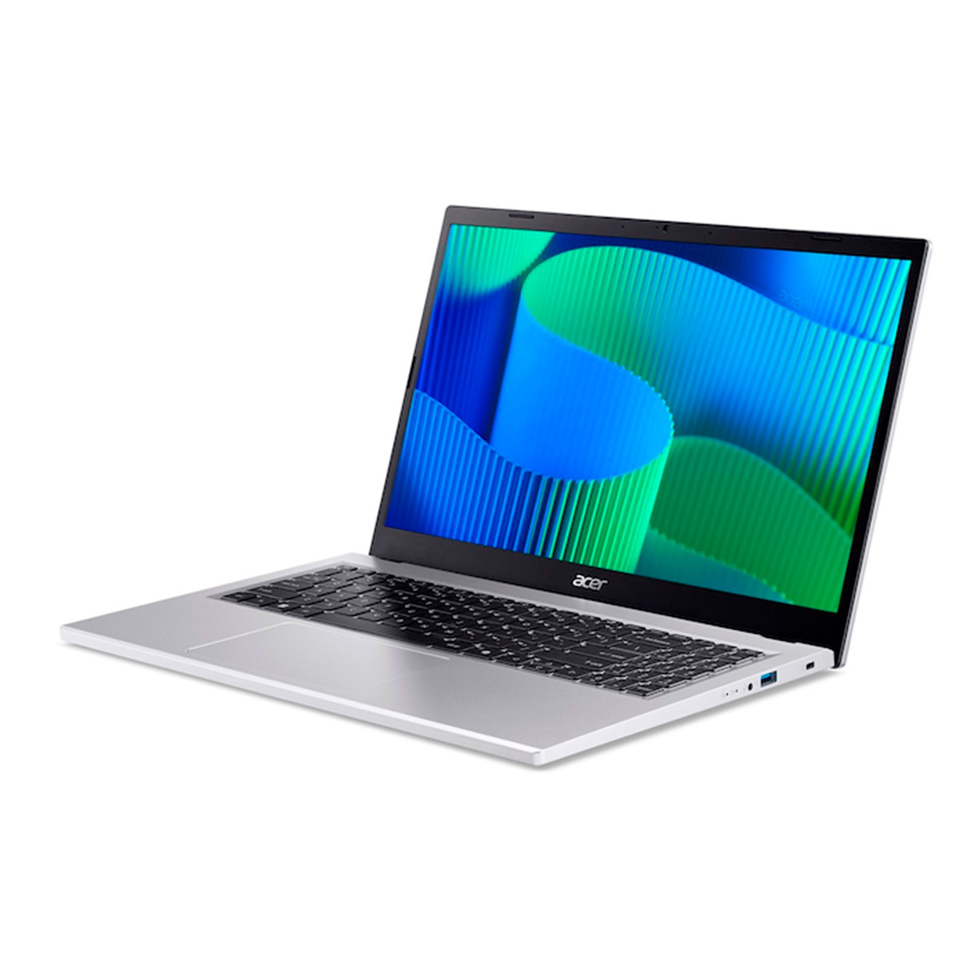 Un portátil plateado Acer con teclado y fondo de pantalla azul y verde.