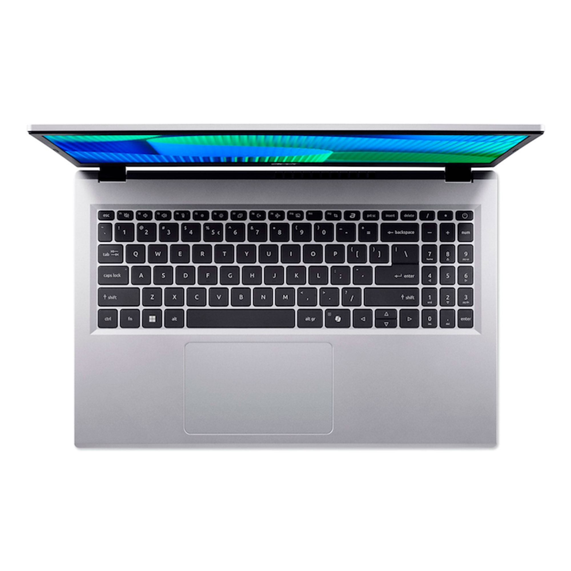Portátil plateado con pantalla abierta mostrando un patrón azul y verde.