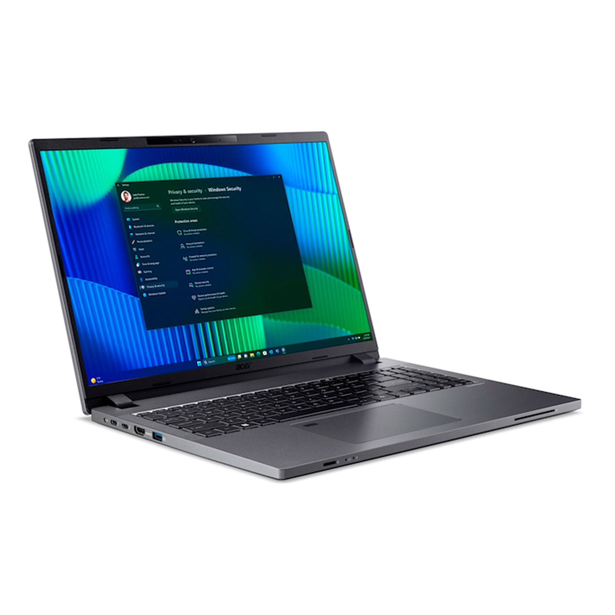 Un portátil oscuro abierto que muestra el menú de seguridad de Windows.