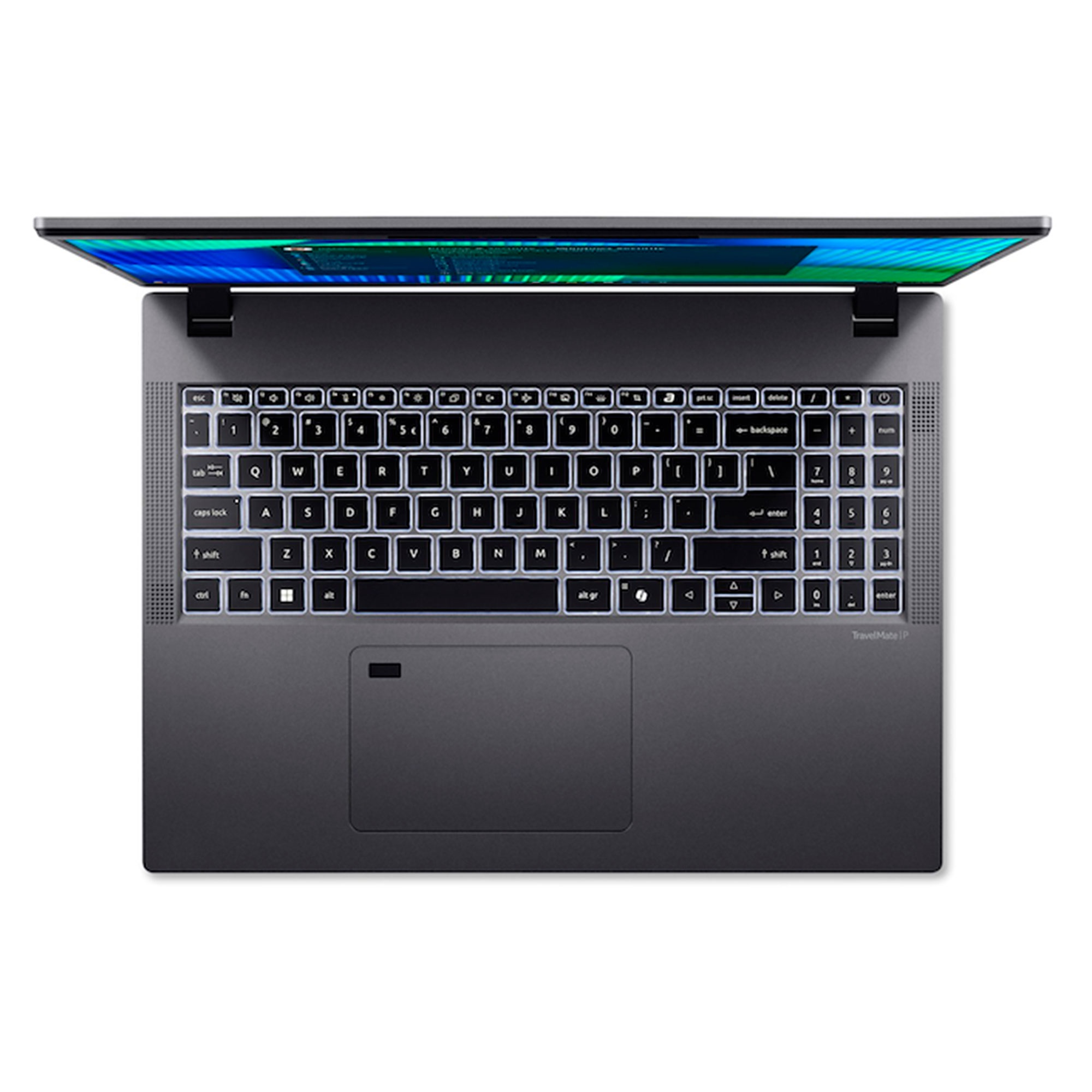 Un portátil oscuro con teclado retroiluminado y pantalla abierta.