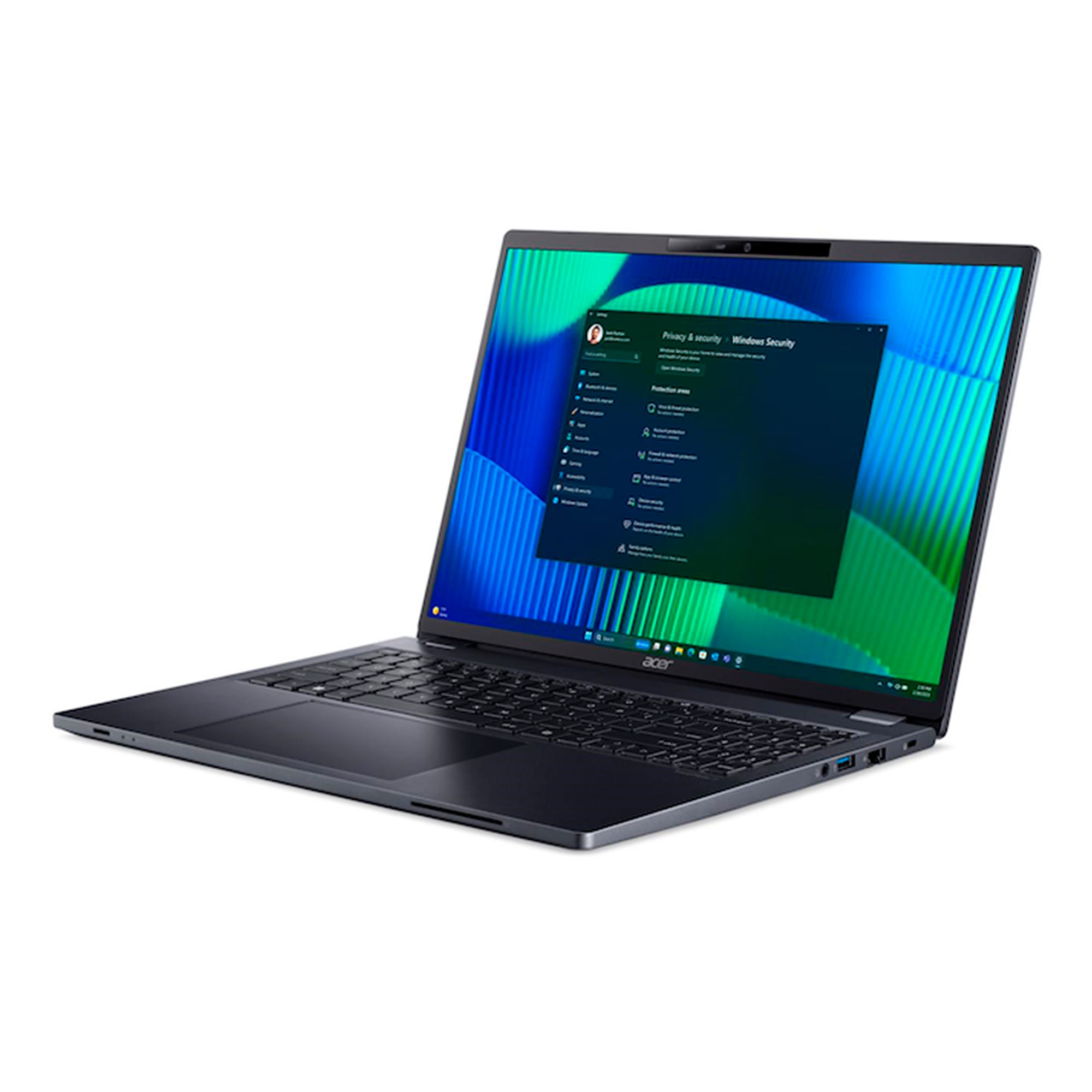 Un portátil oscuro abierto que muestra la configuración de seguridad de Windows.