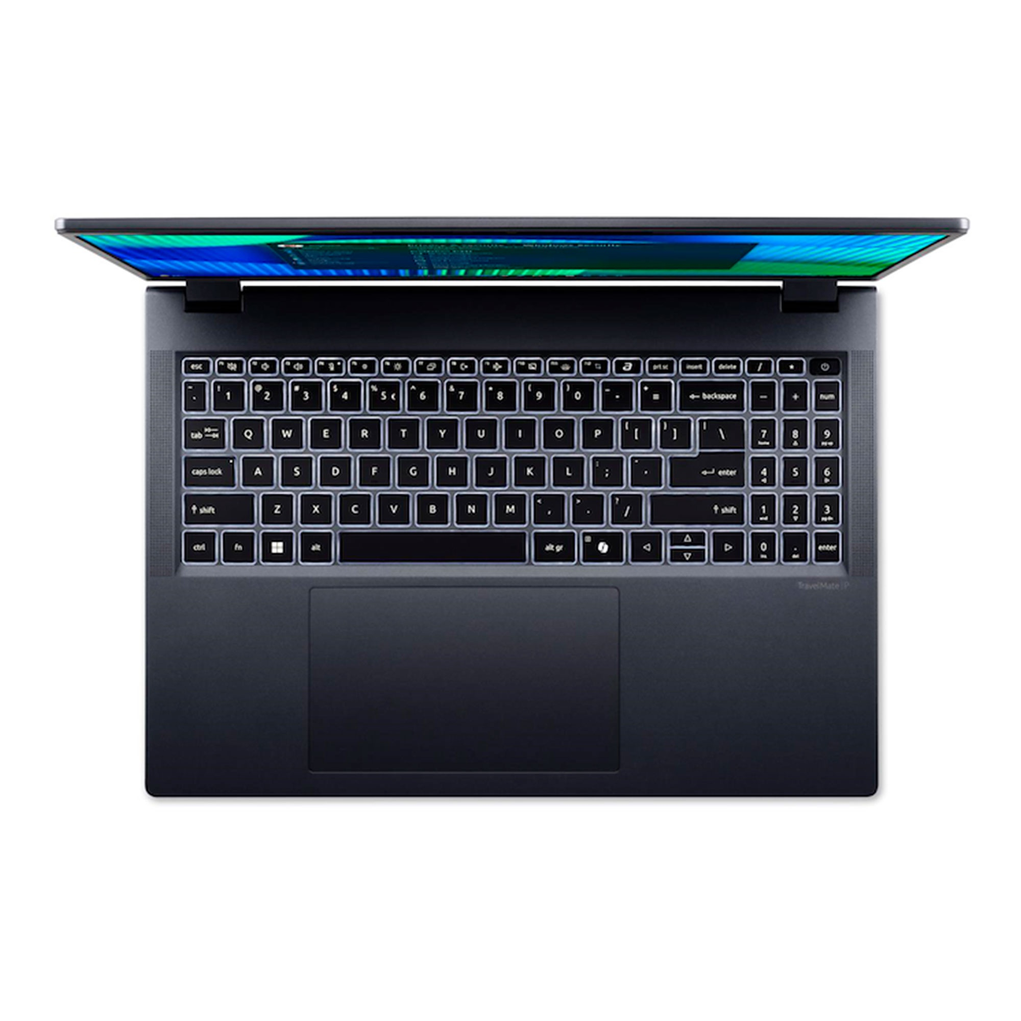 Un portátil abierto y oscuro con teclado retroiluminado y touchpad.