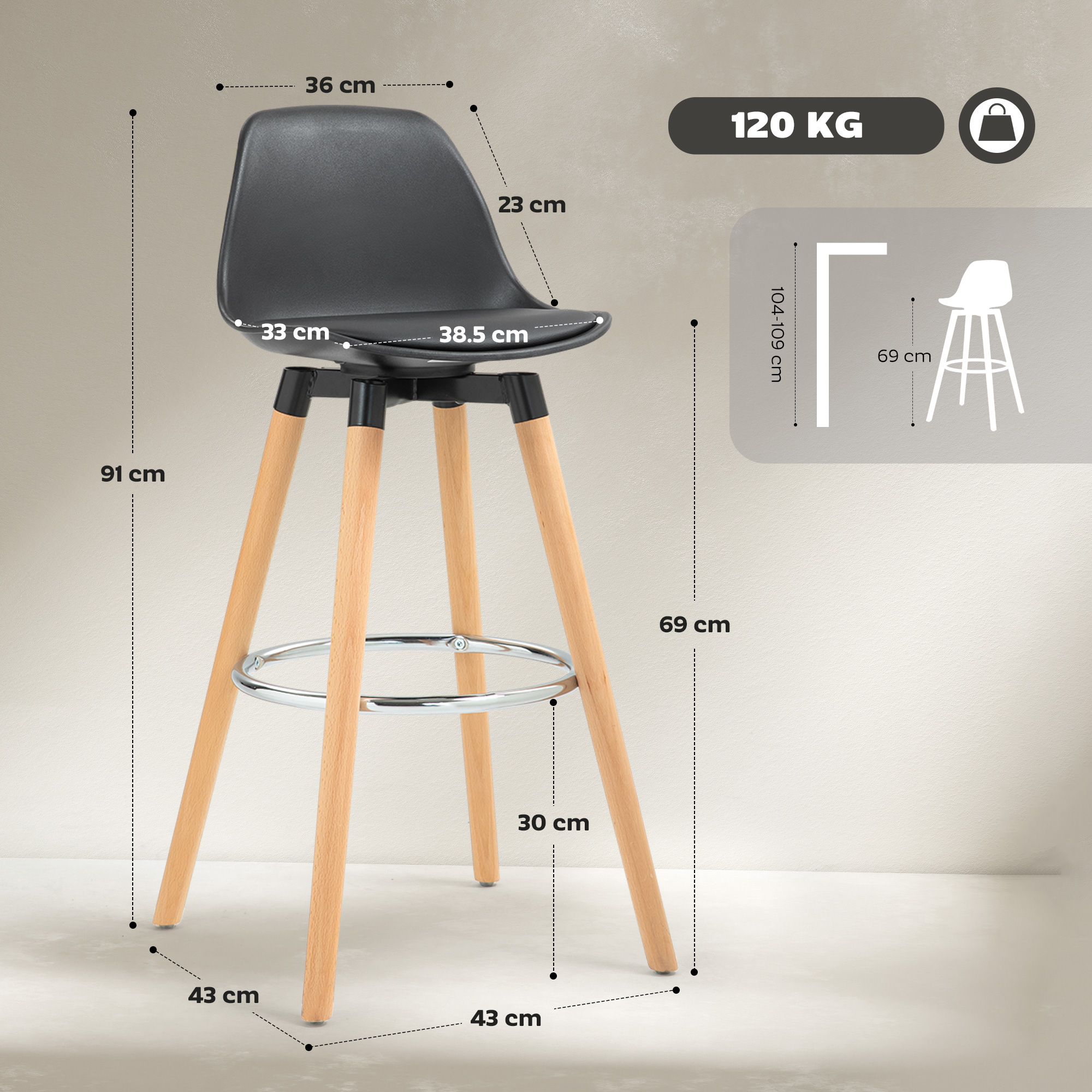 Sgabello nero con gambe in legno, dimensioni indicate.