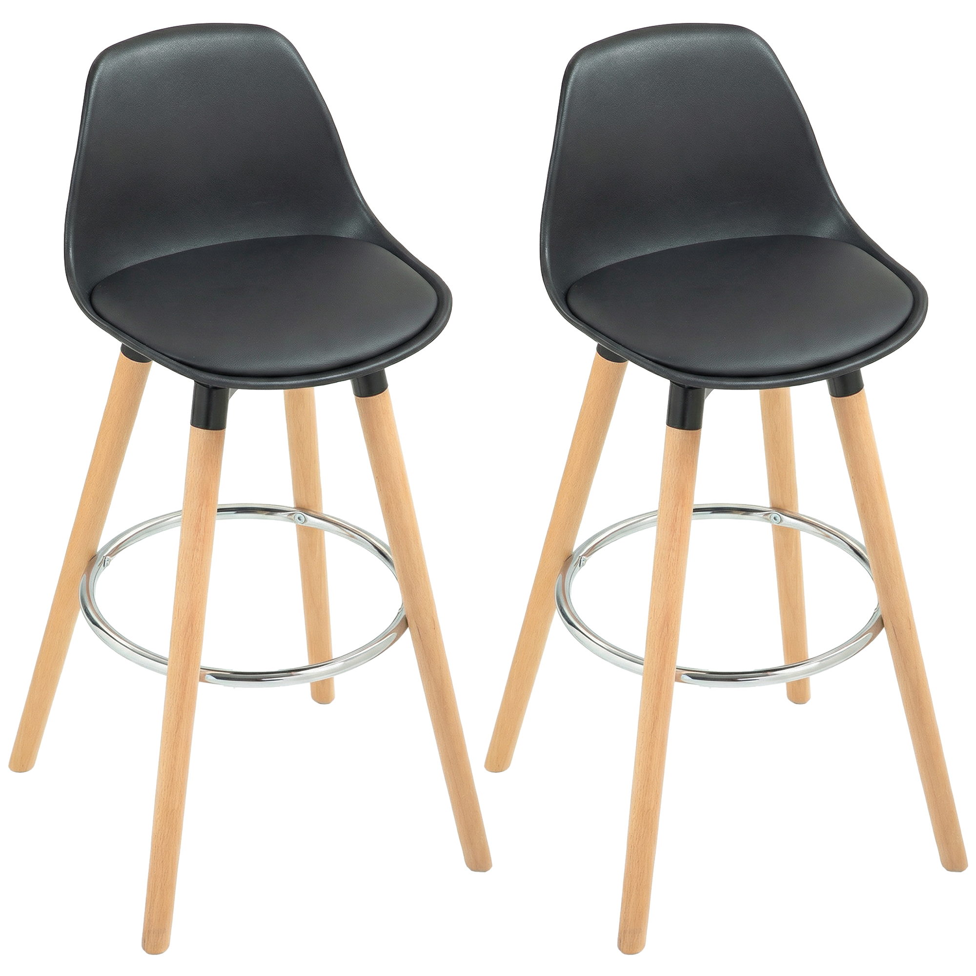 Due sgabelli da bar neri con gambe in legno e anello poggiapiedi.