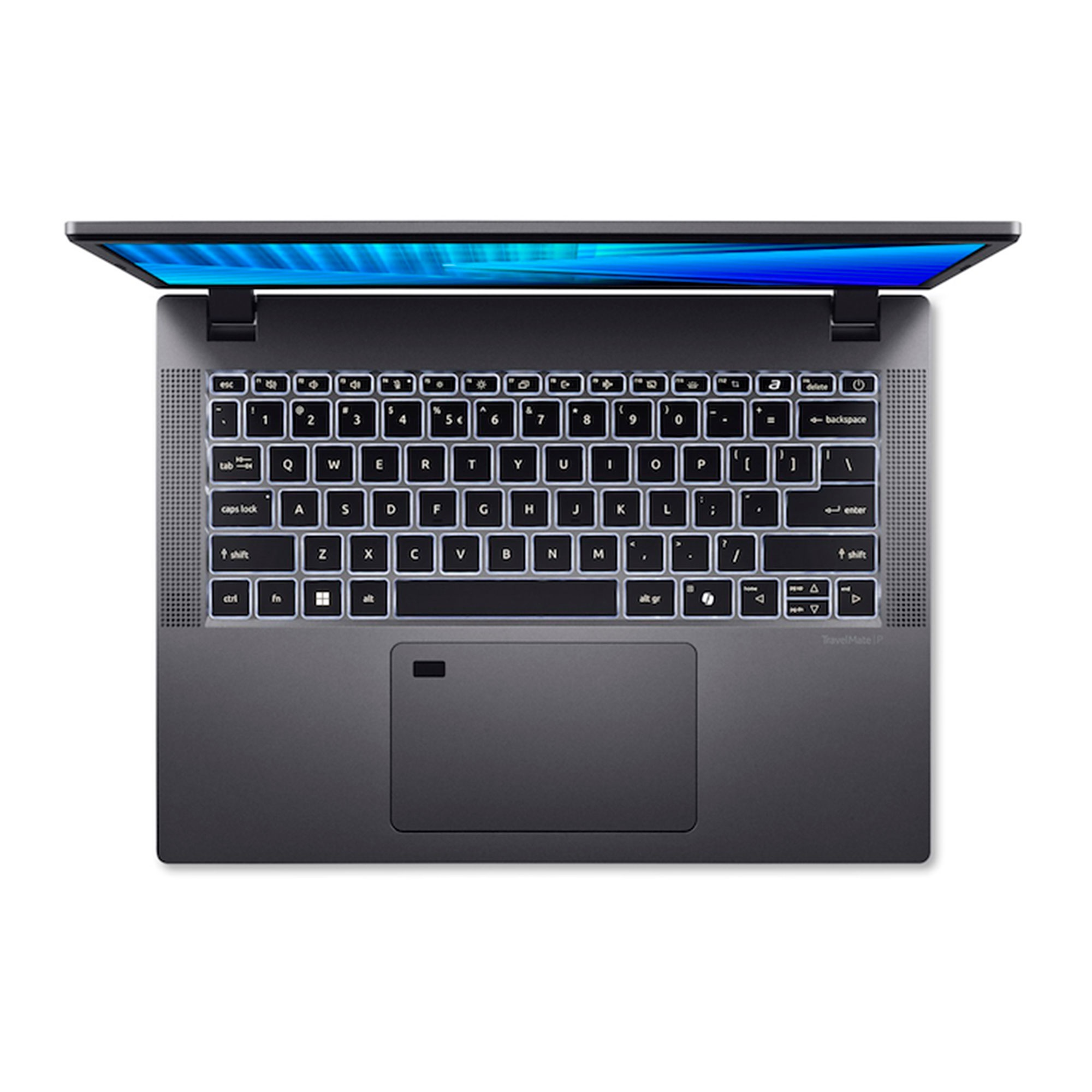 Un portátil abierto y oscuro con teclado retroiluminado y pantalla azul.