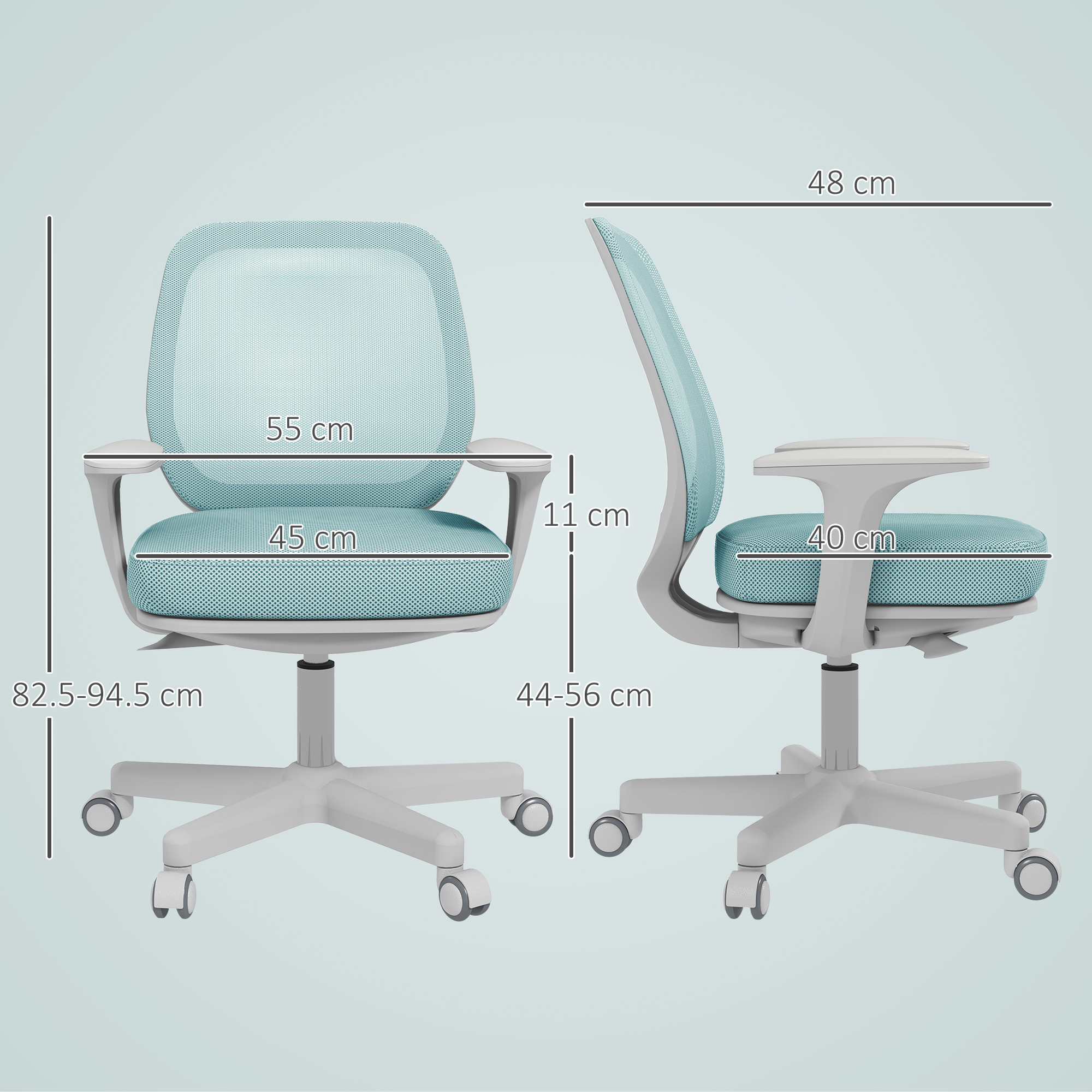 Una sedia da ufficio blu con dimensioni e ruote su sfondo chiaro.