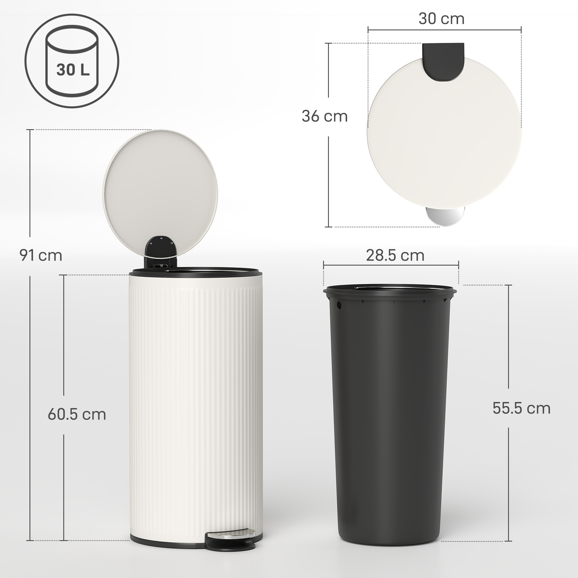 Un cestino bianco a pedale con coperchio aperto, accanto a un cestino interno nero. Dimensioni indicate.