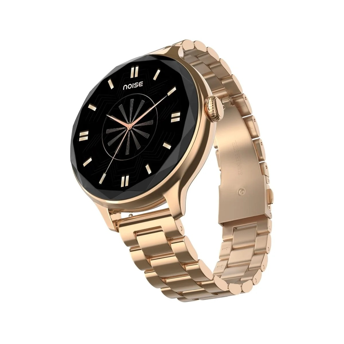 Un reloj inteligente oro rosa con esfera negra y correa metálica.
