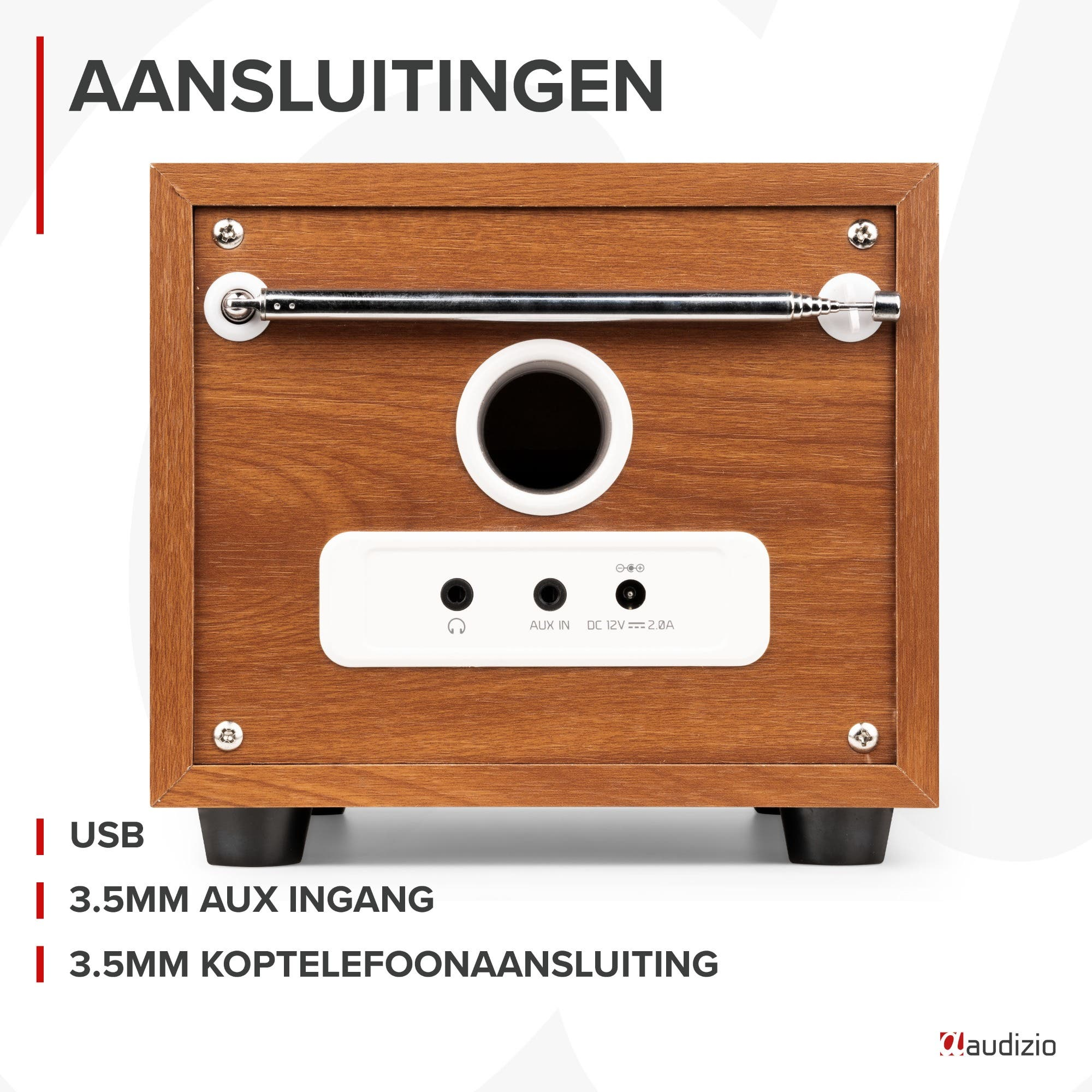 Houten radio achterkant met aansluitingen: USB, AUX IN, DC 12V en koptelefoon.