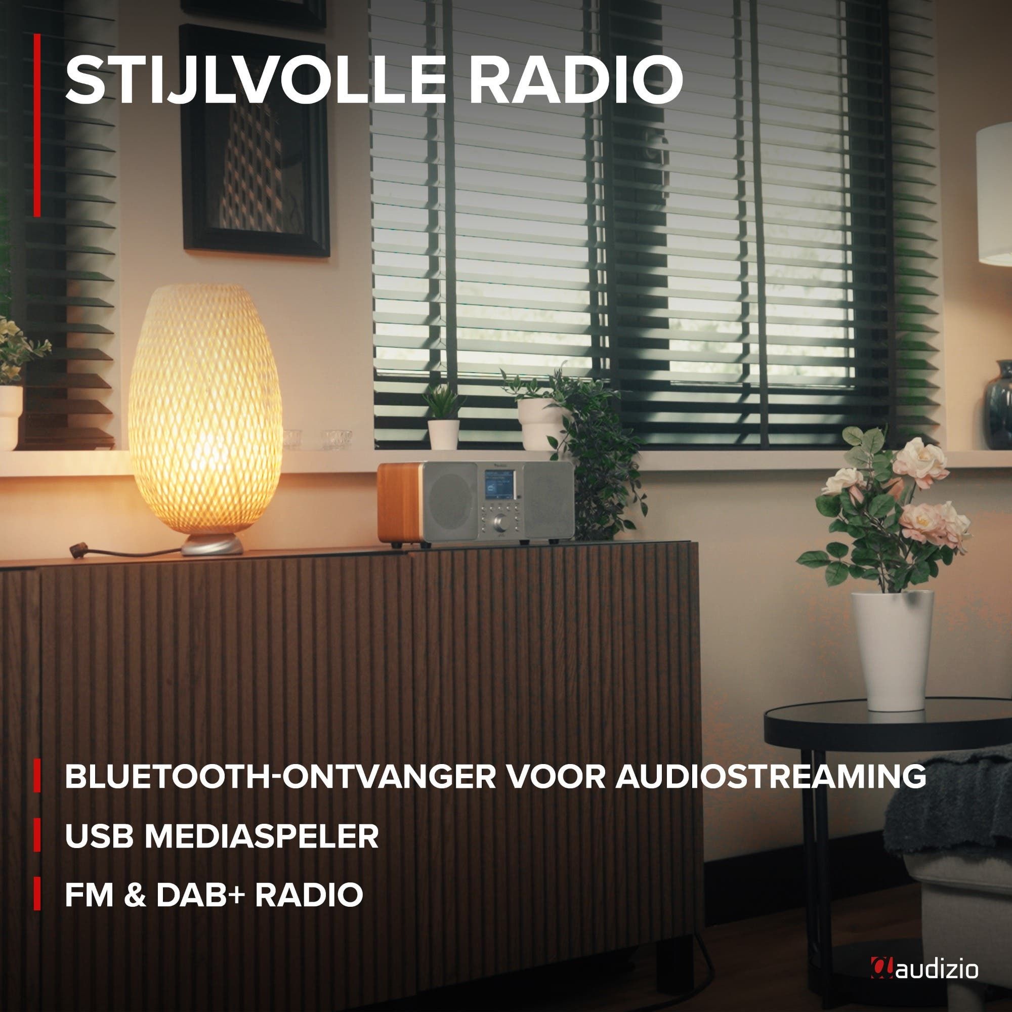 Radio elegante con detalles de madera, lámpara, plantas y flores.