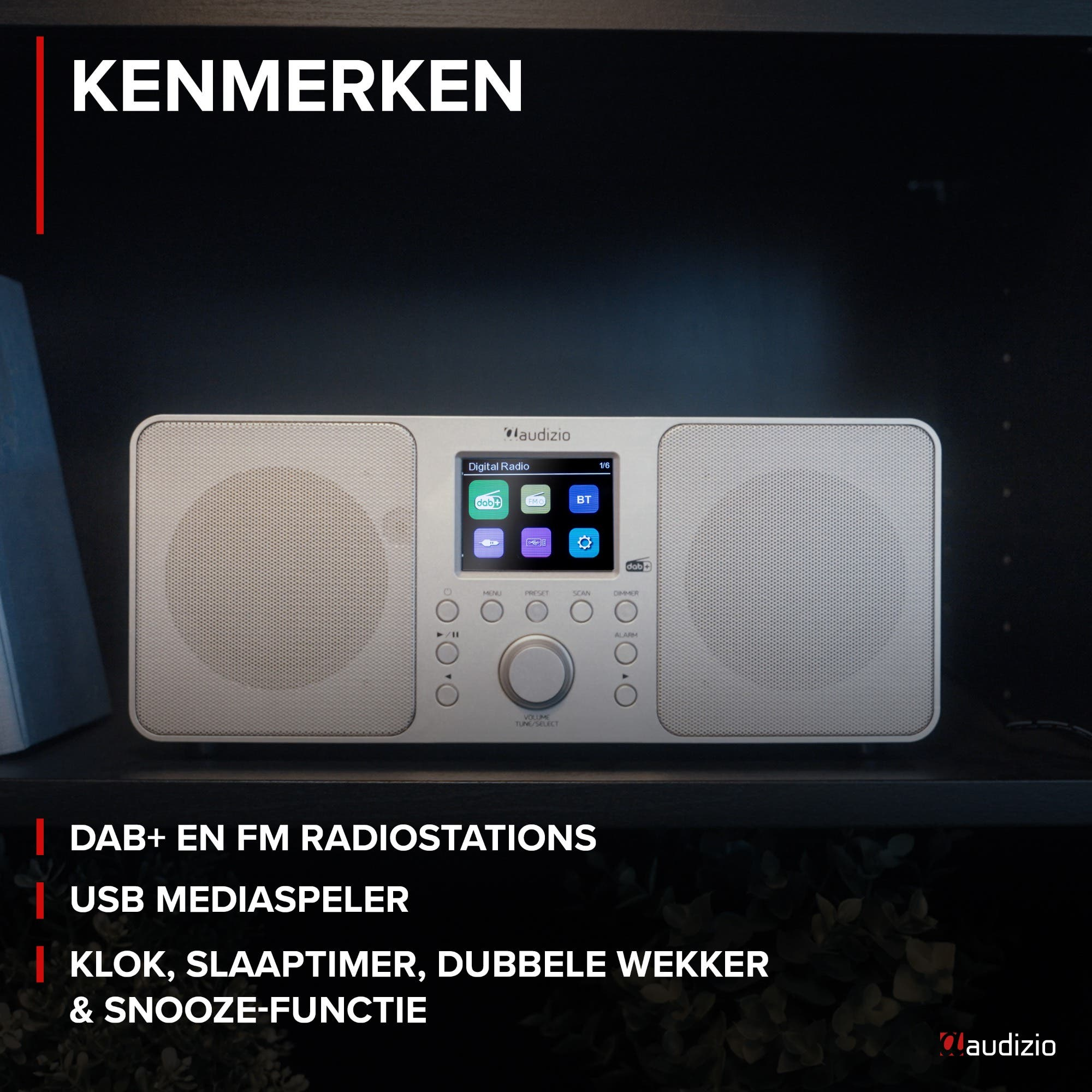 Una radio plateada con pantalla y botones. Reproduce DAB+ y FM.