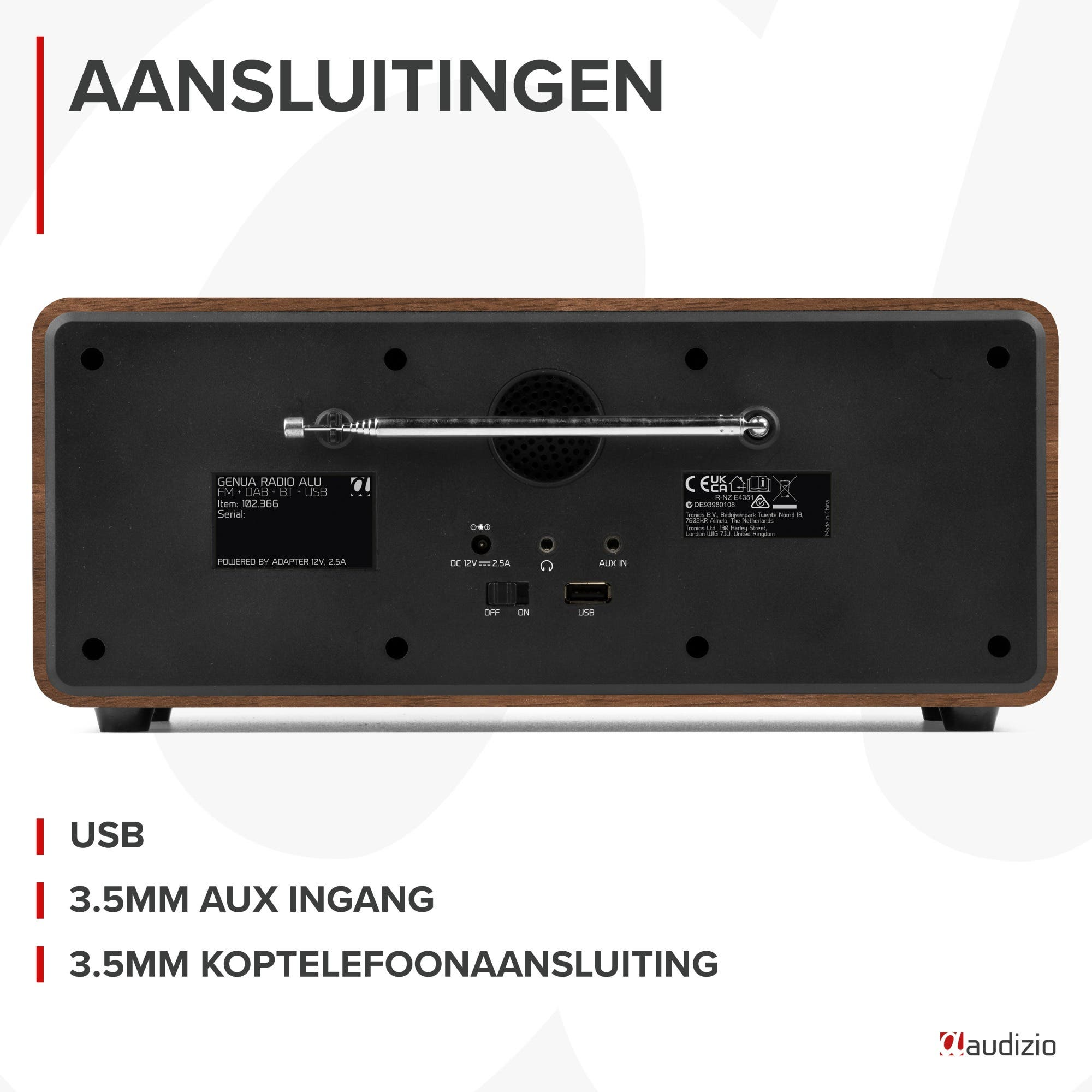 Reverso de una radio de madera mostrando puertos: CC, USB, Aux In y antena.