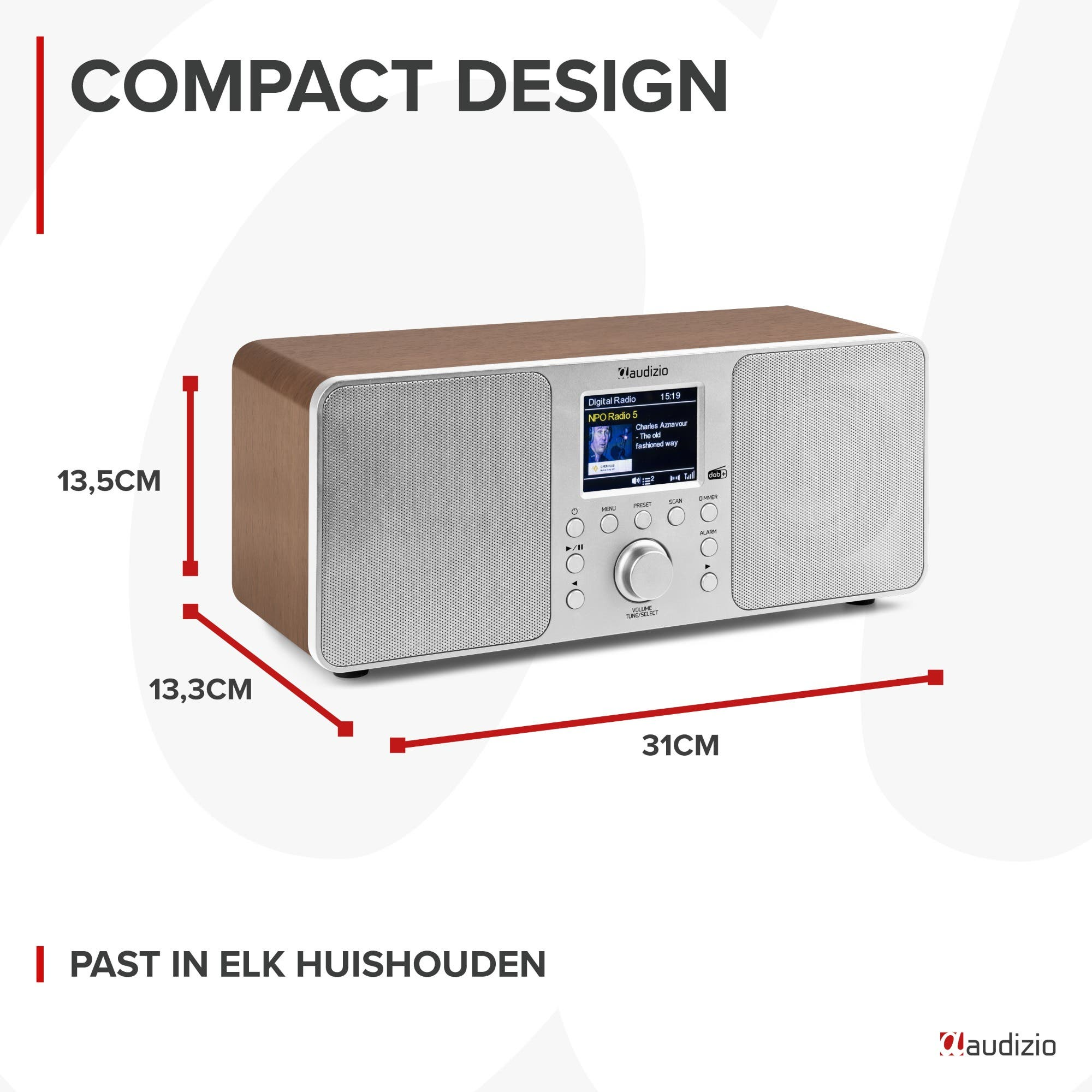 Una radio compacta con acabado de madera, altavoces y pantalla.