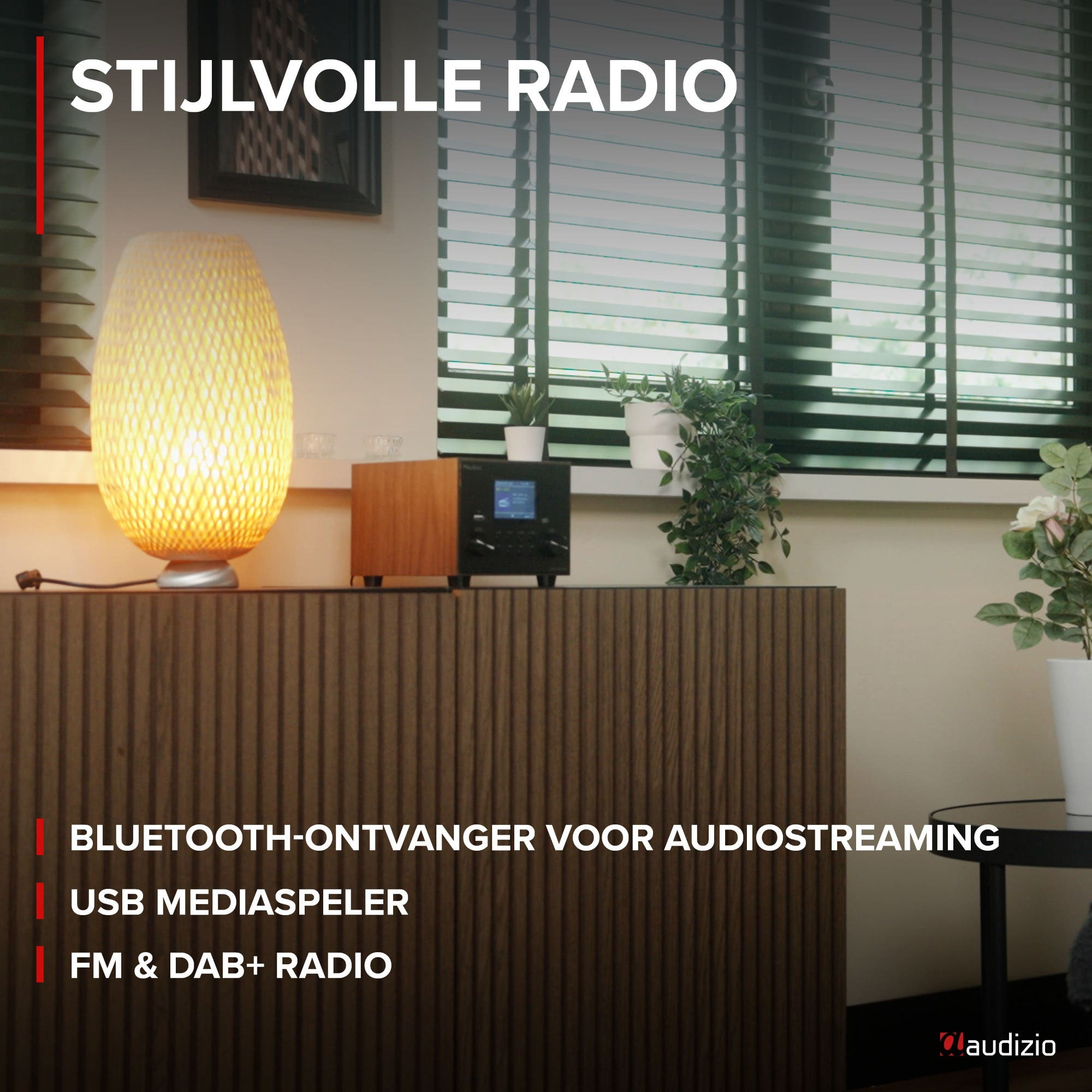 Stijlvolle radio met houten details, lamp en planten.