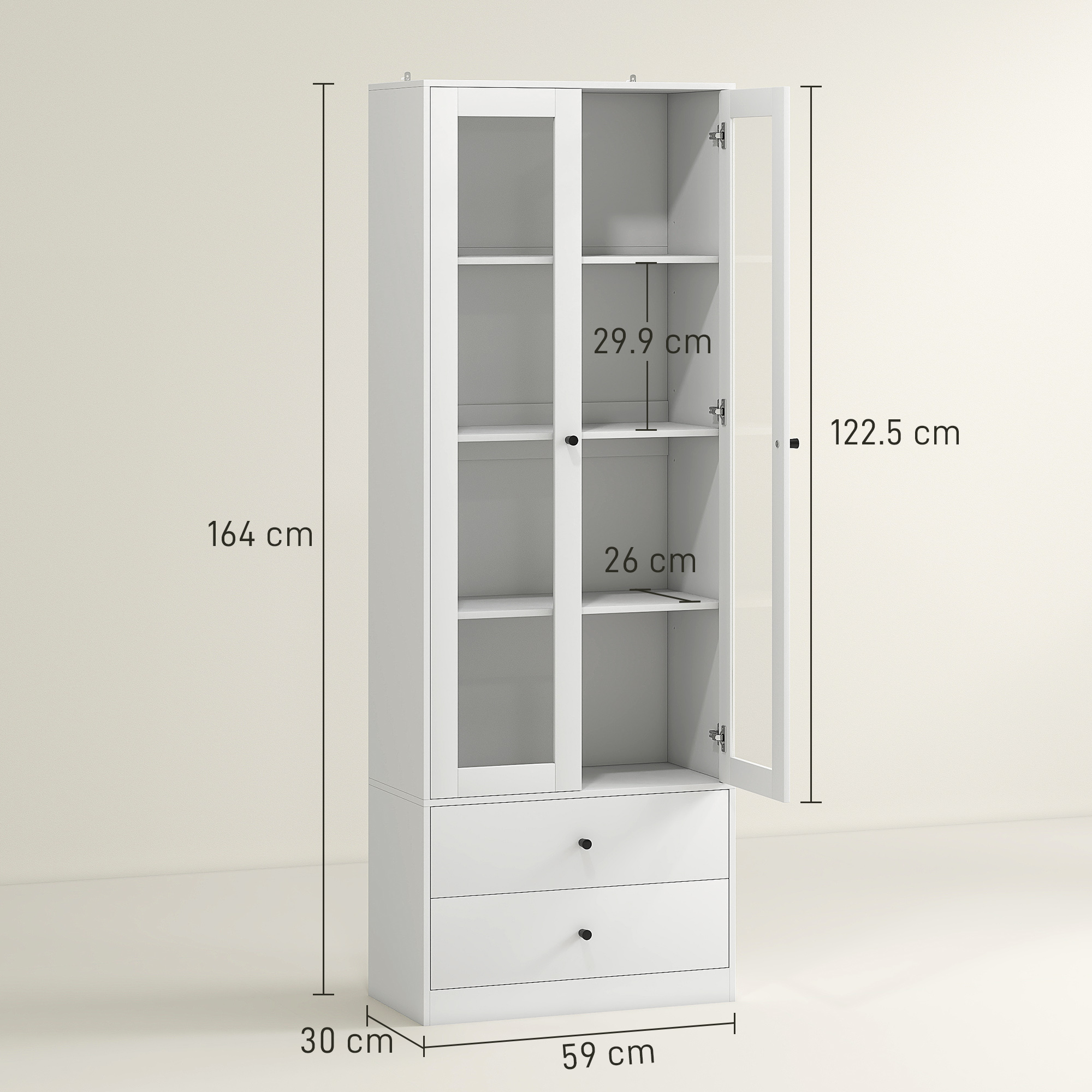 Un armadio bianco con ante in vetro e due cassetti, con dimensioni indicate.