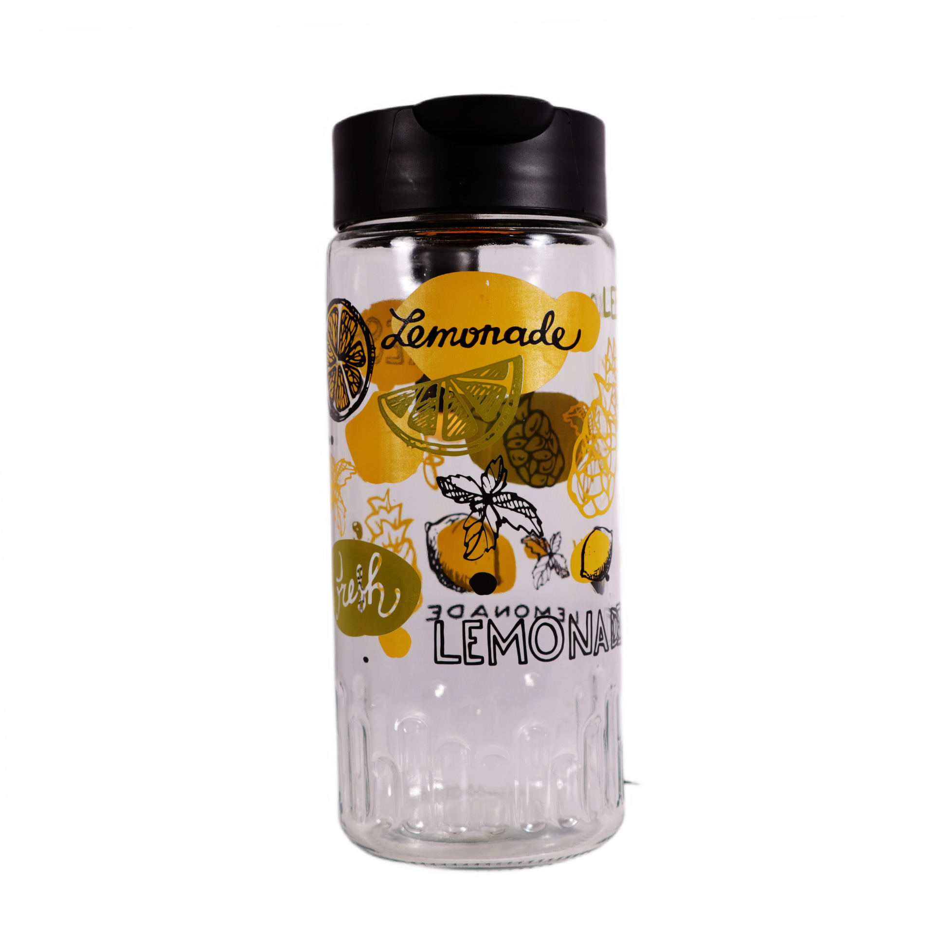 Siyah kapaklı ve limon desenli şeffaf cam şişe.