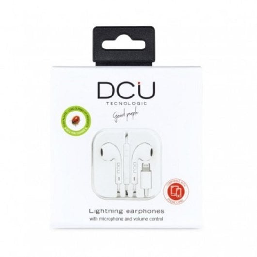 Auriculares Lightning DCU Tecnologic con micrófono y control de volumen en caja blanca.