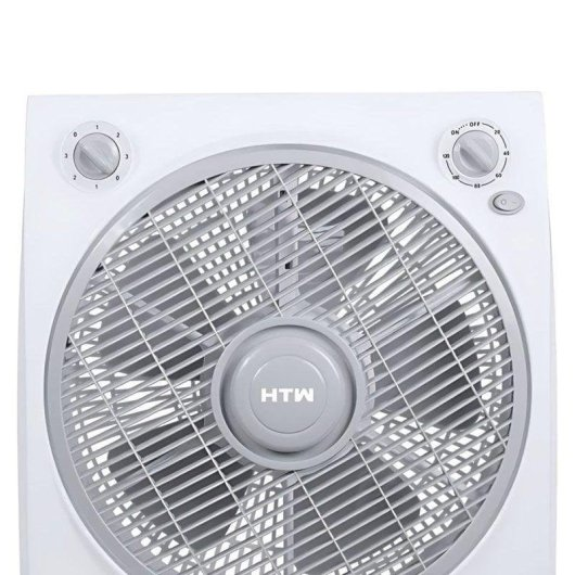 Ventilador de caja blanco con centro gris y perillas de control.