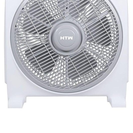 Un ventilador de caja blanco con aspas grises y el logo HTW en el centro.