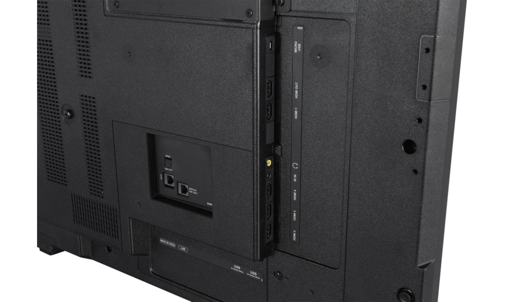 Retro di un TV con porte come HDMI, USB e LAN.