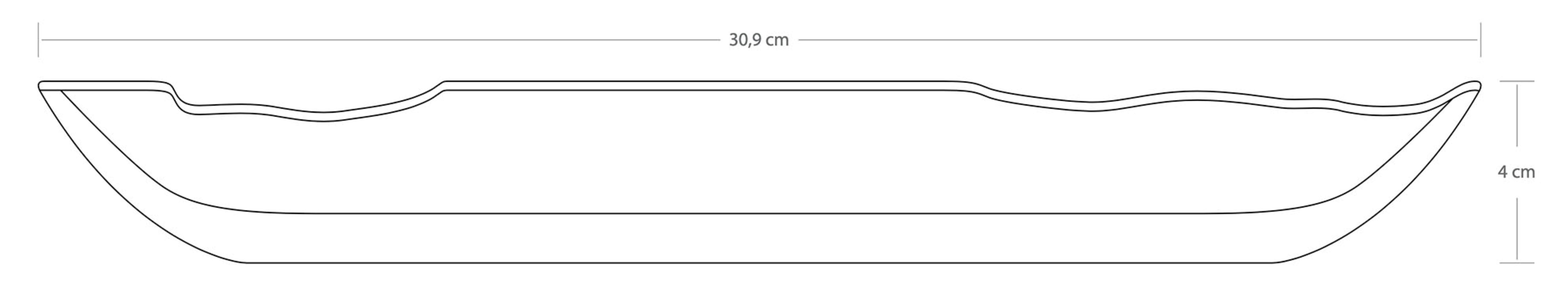 Uzun bir tabağın kesiti, 30,9 cm uzunluğunda ve 4 cm derinliğinde.