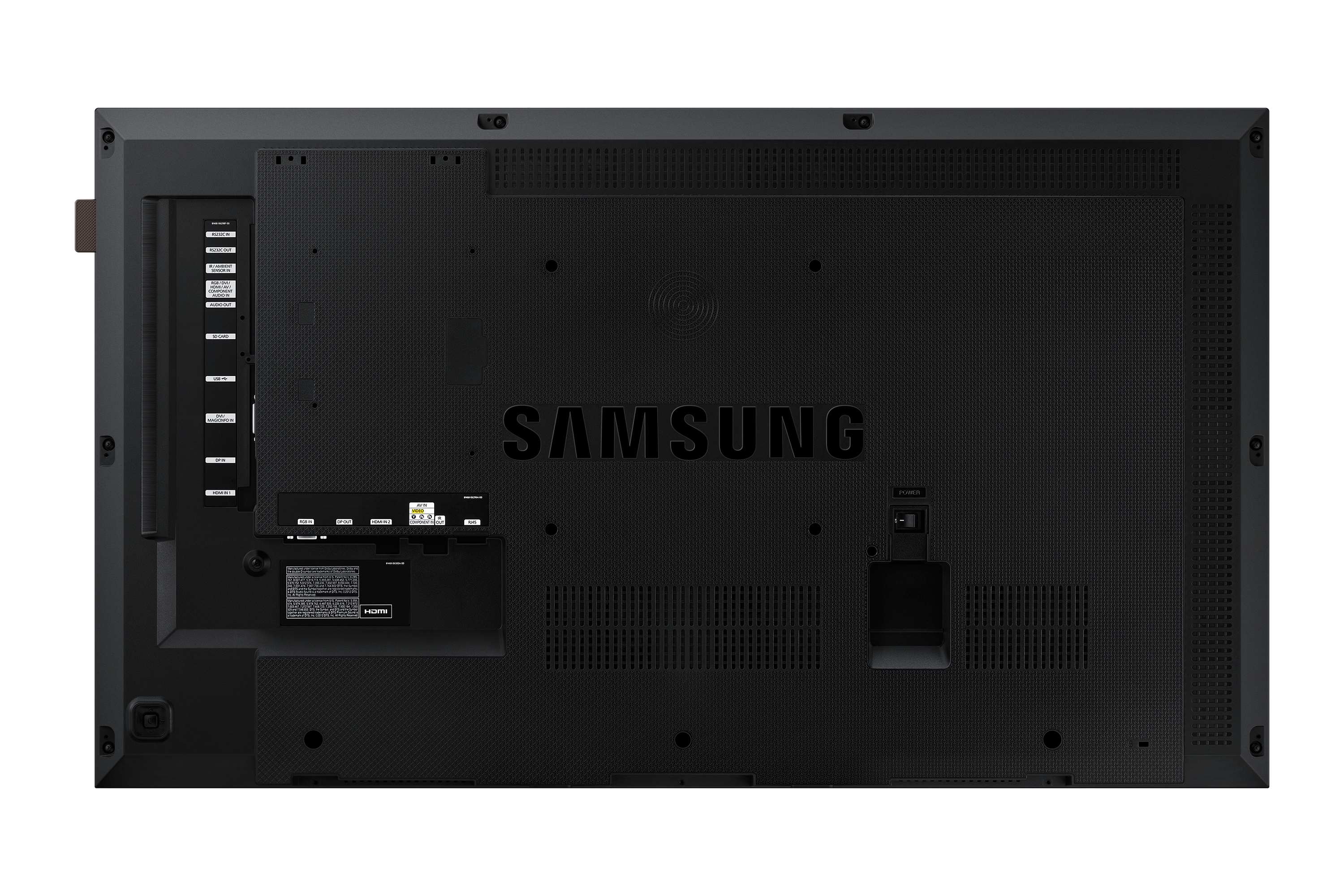 Parte trasera de un televisor Samsung con puertos HDMI, USB, tarjeta SD y alimentación.