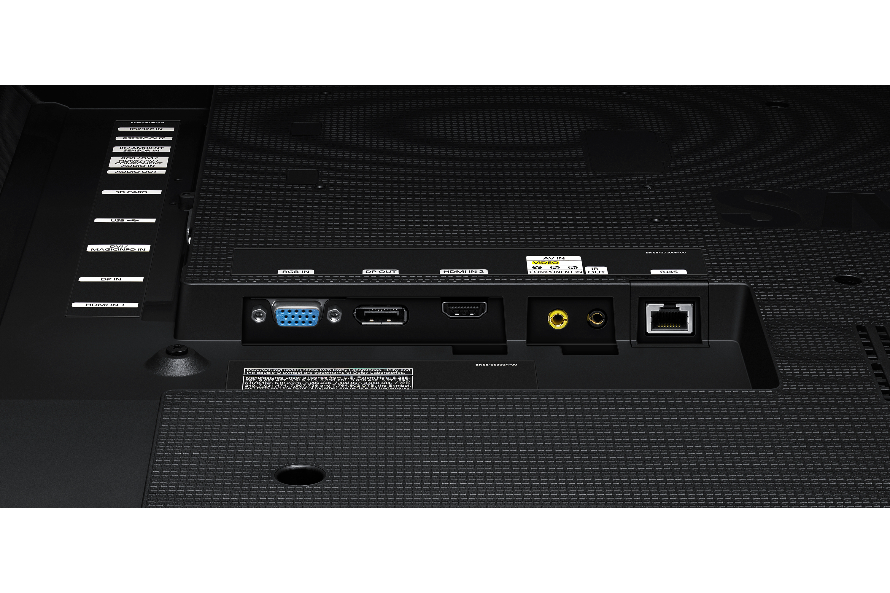 Parte trasera de un televisor que muestra puertos como HDMI, USB, tarjeta SD y RJ45.
