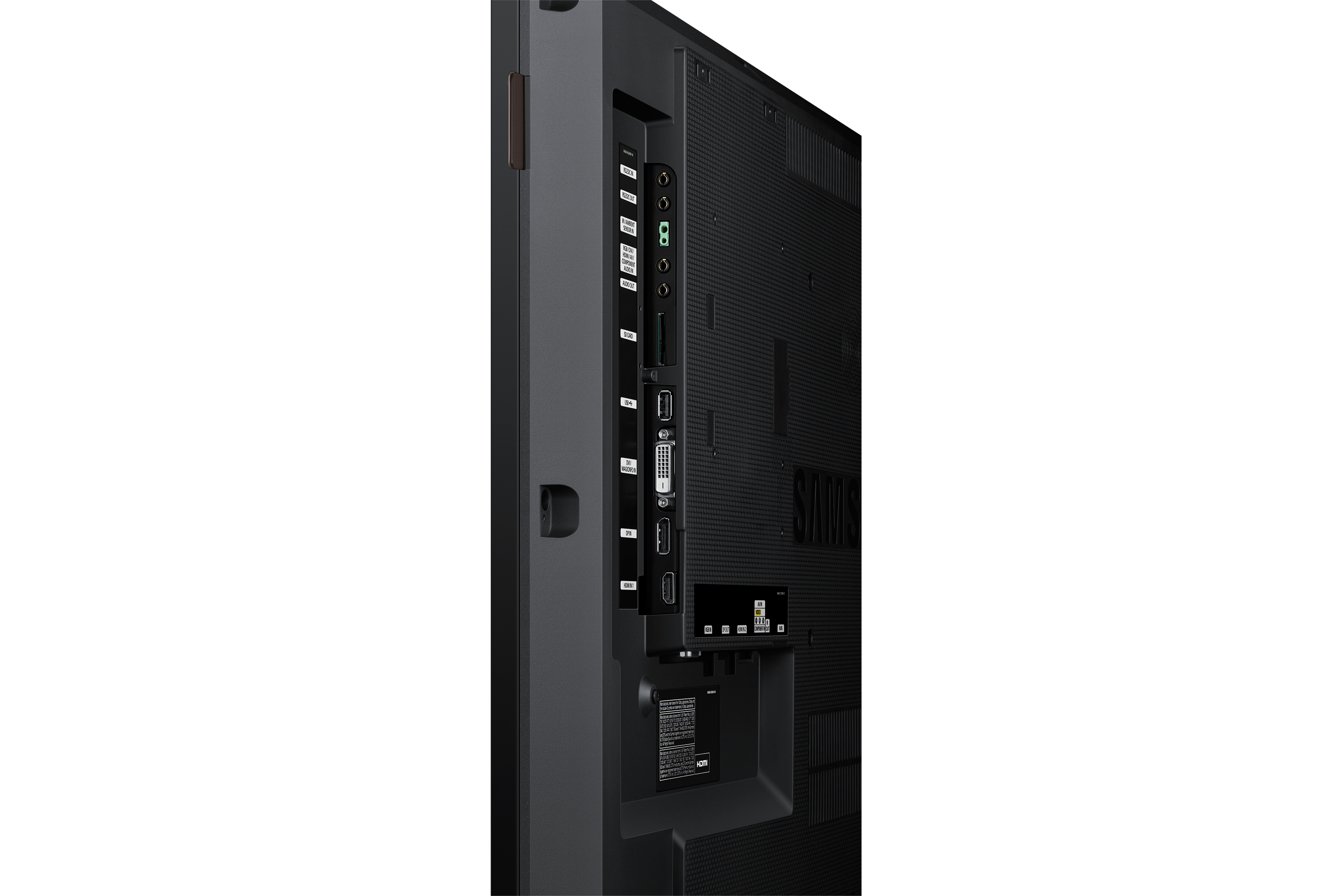 Parte trasera de un televisor negro mostrando puertos como HDMI, USB y ranura SD.