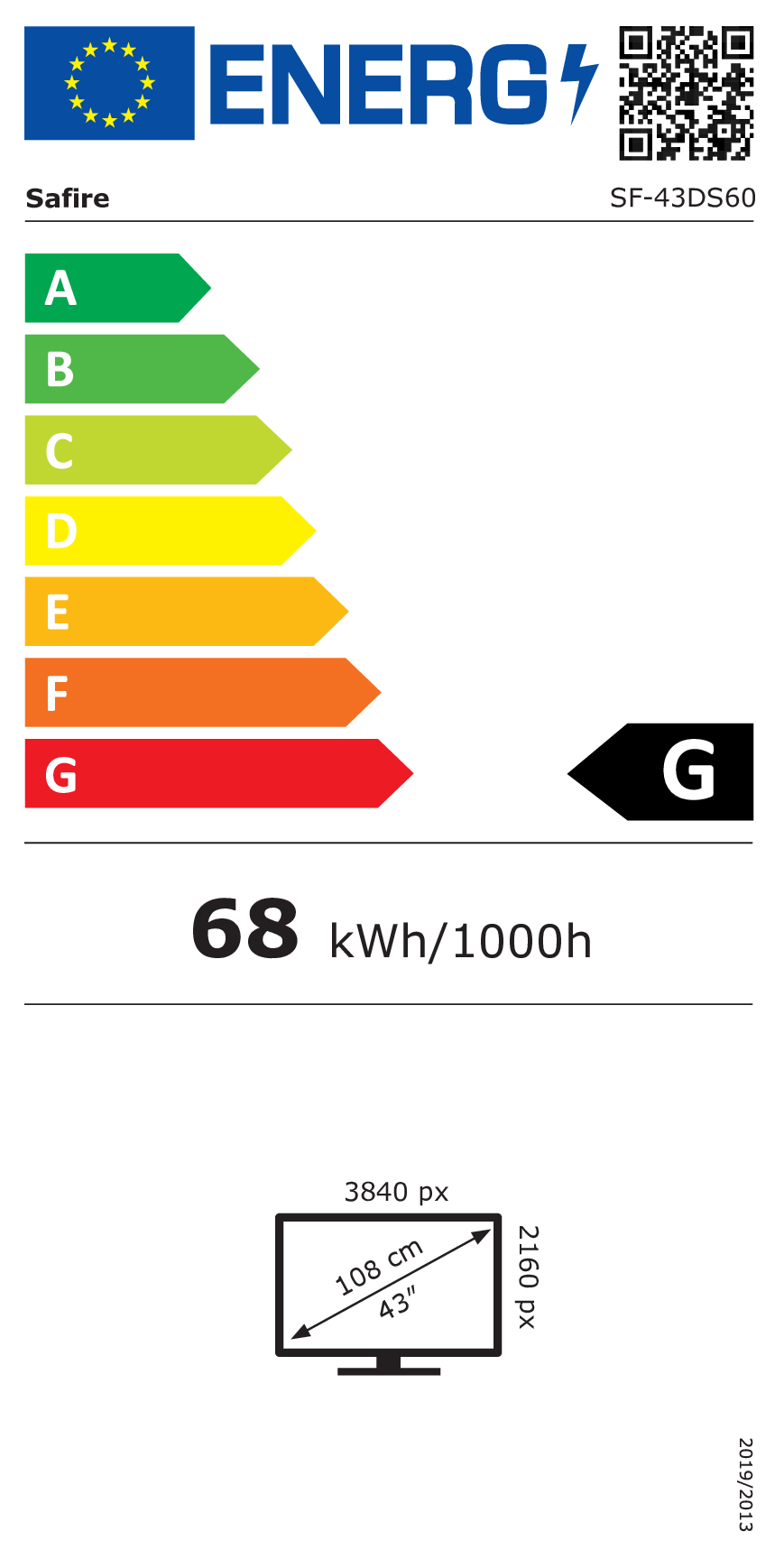 Etiqueta energética para TV Safire, clase G, 68 kWh/1000h, 43 pulgadas.