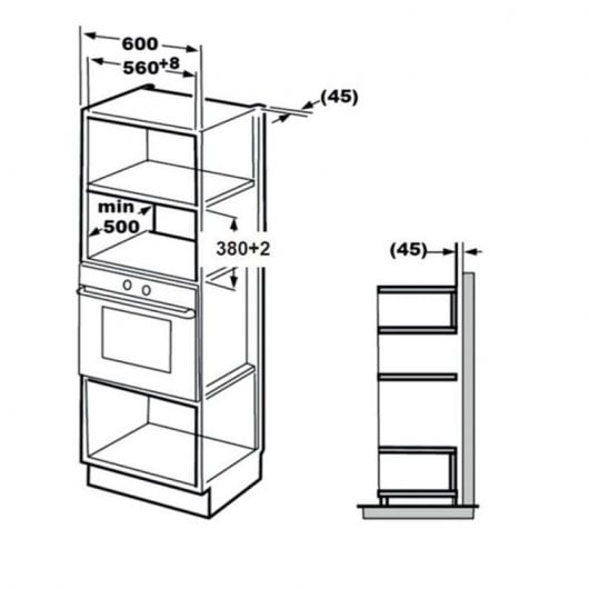 Technical drawing of a built-in oven with shelves and dimensions.
