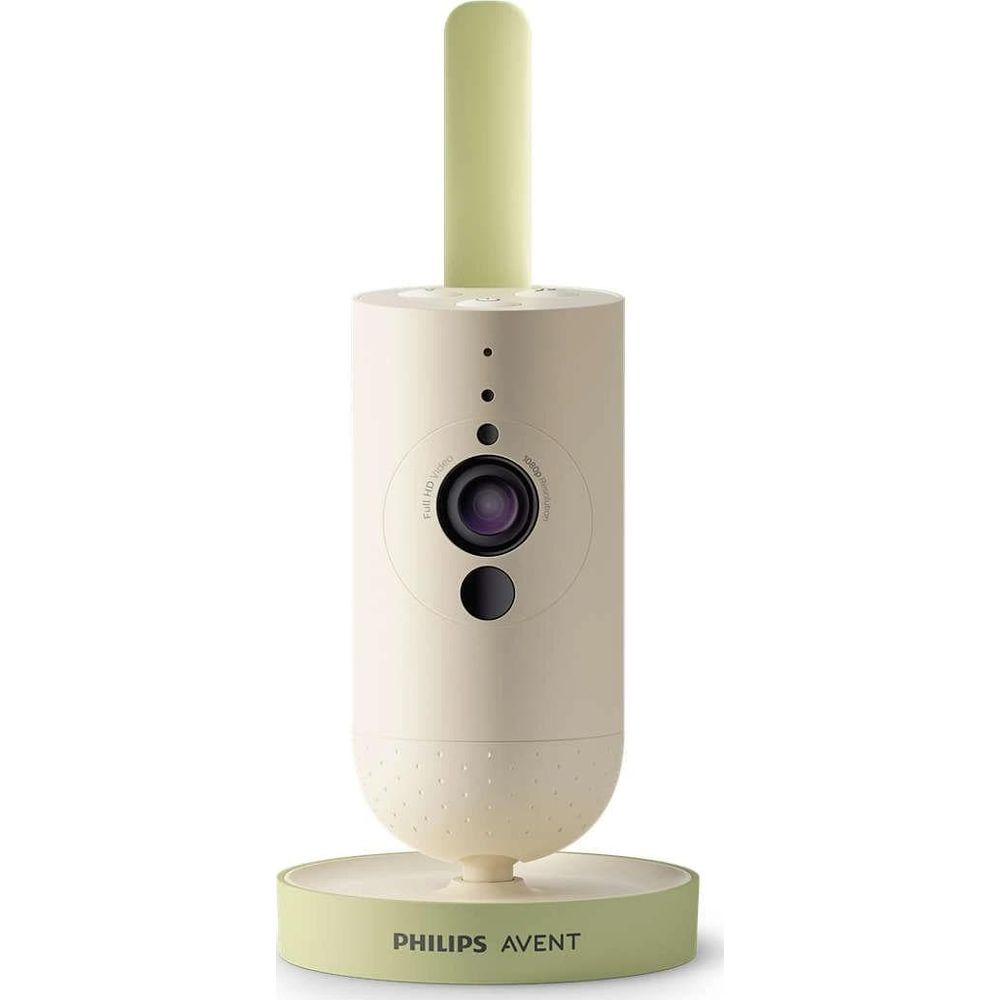 Telecamera baby monitor bianca con luci, lente e antenna su base.